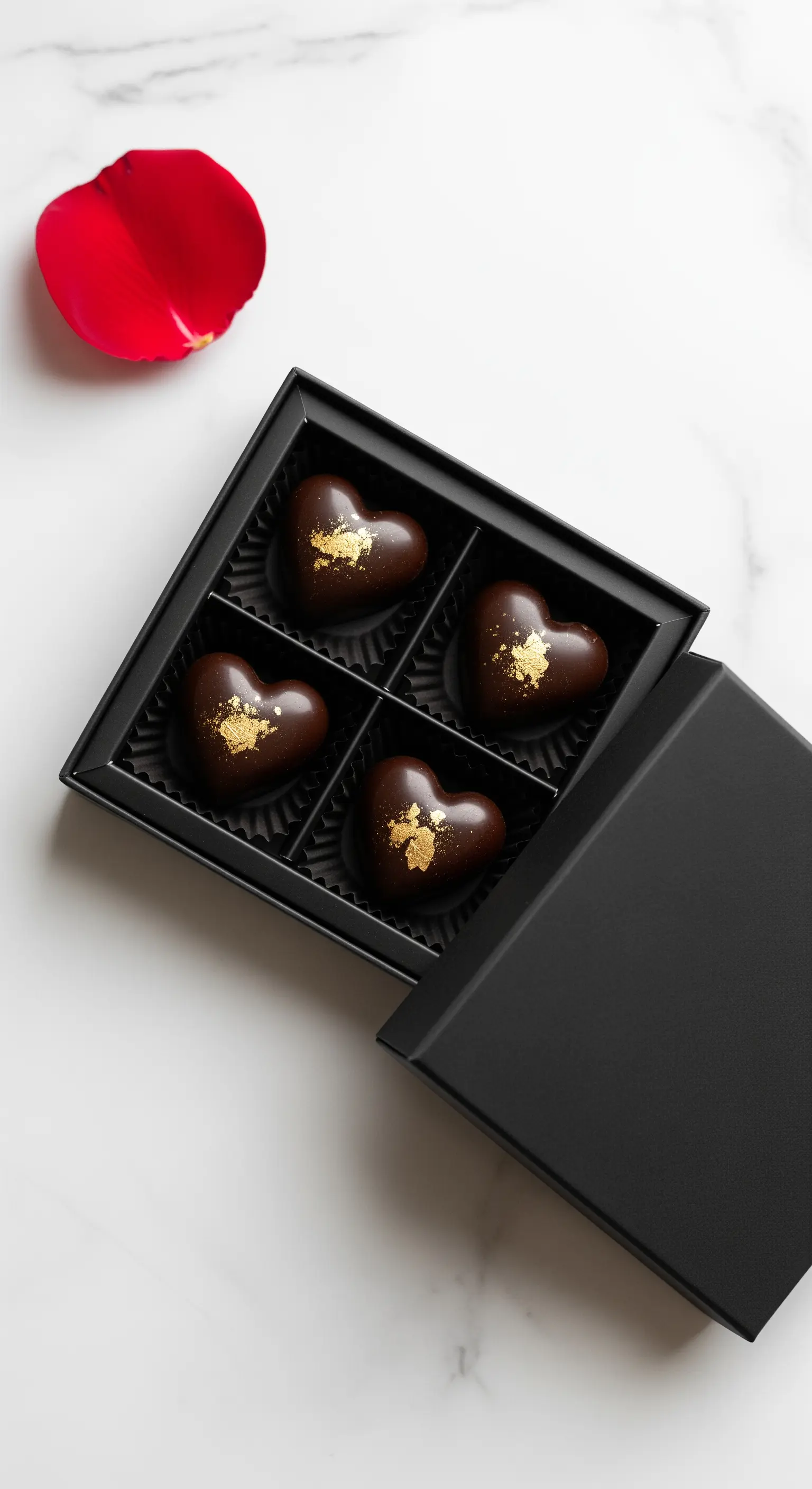 Scatola nera con quattro cioccolatini a forma di cuore decorati con foglia d'oro.