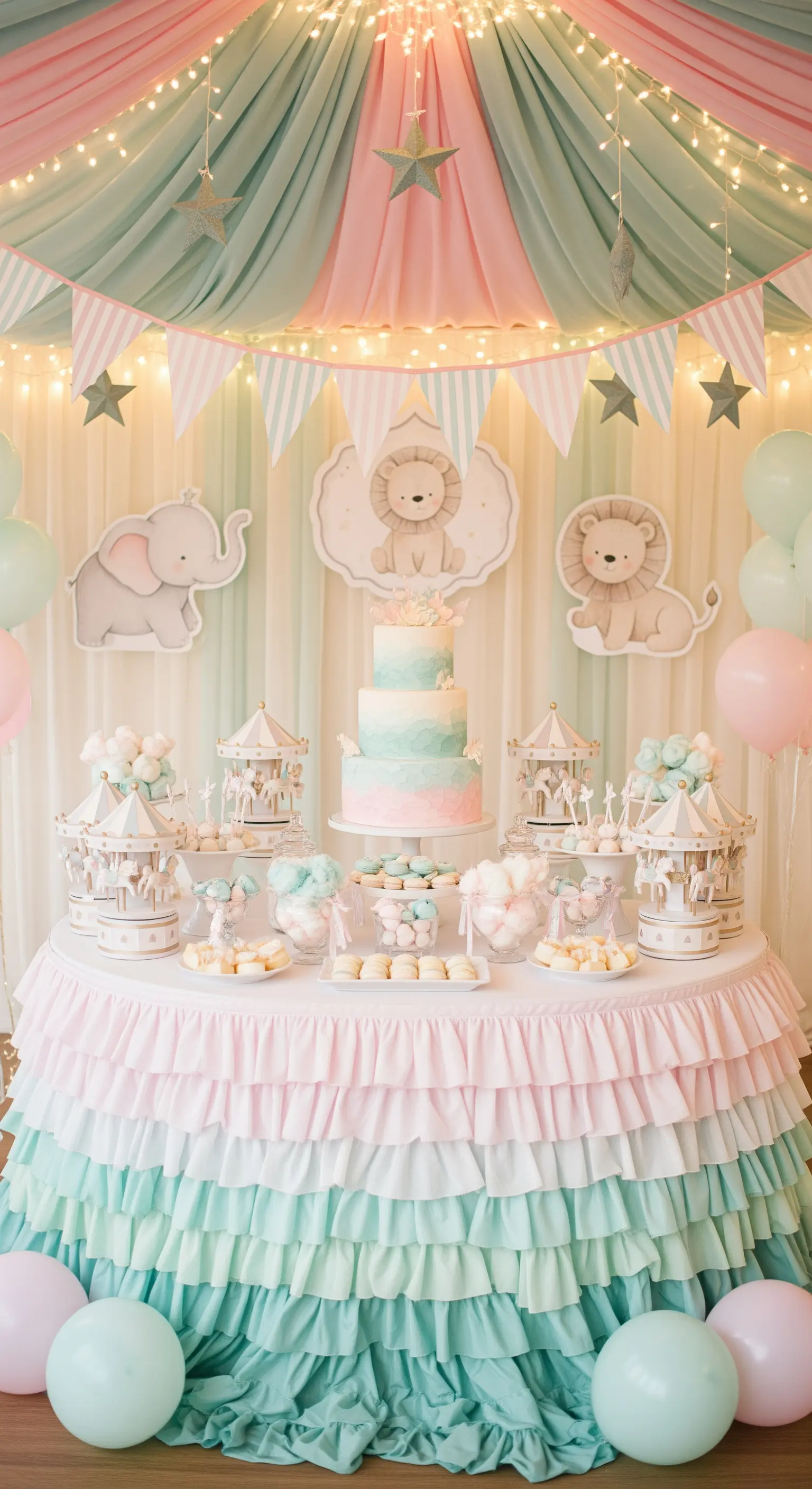 Sweet table a tema circo in colori pastello con drappeggi rosa e verde menta.