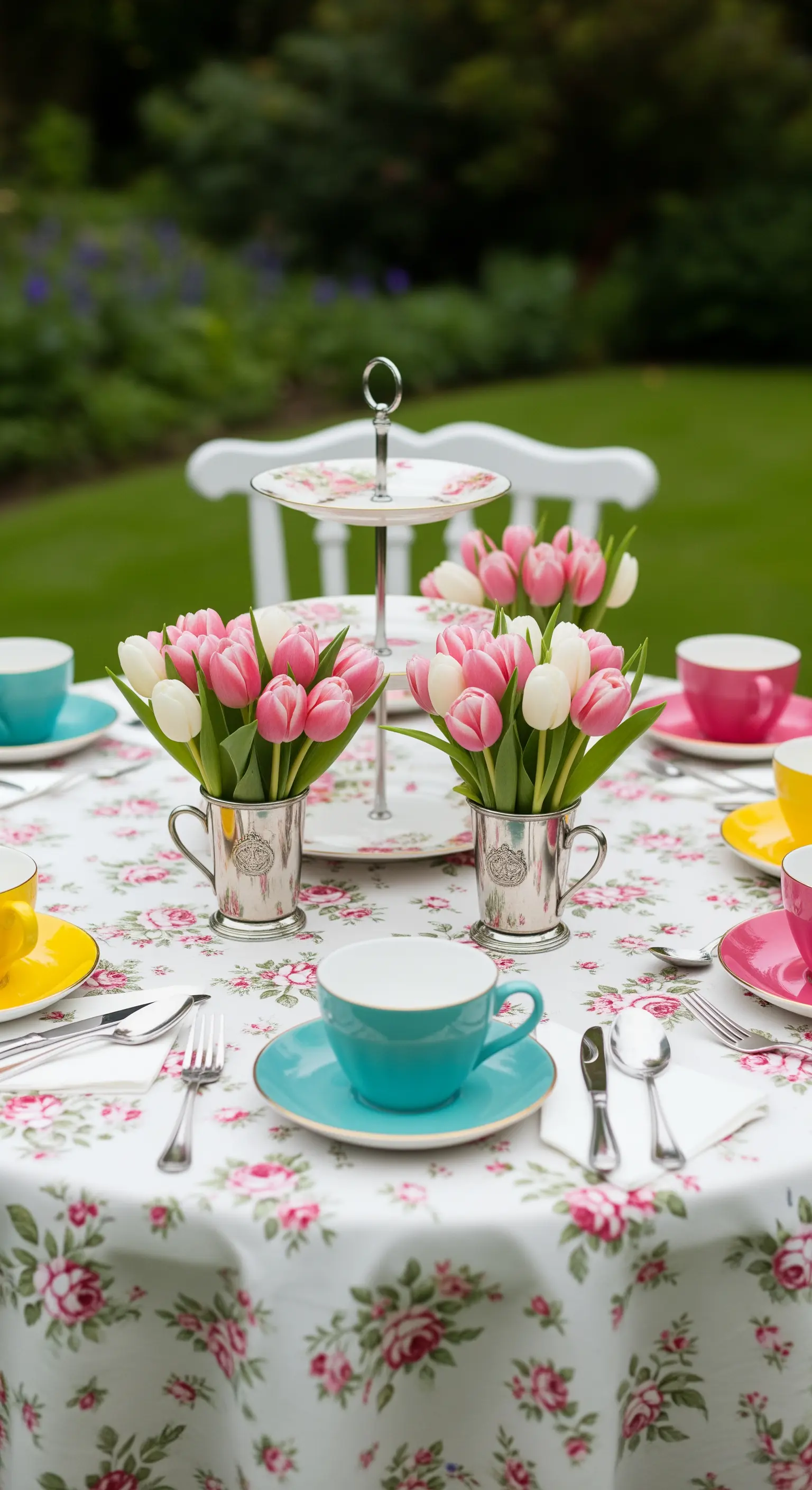 Tavola da tè in giardino con tovaglia a fiori, tazze colorate e tulipani in coppe d'argento.