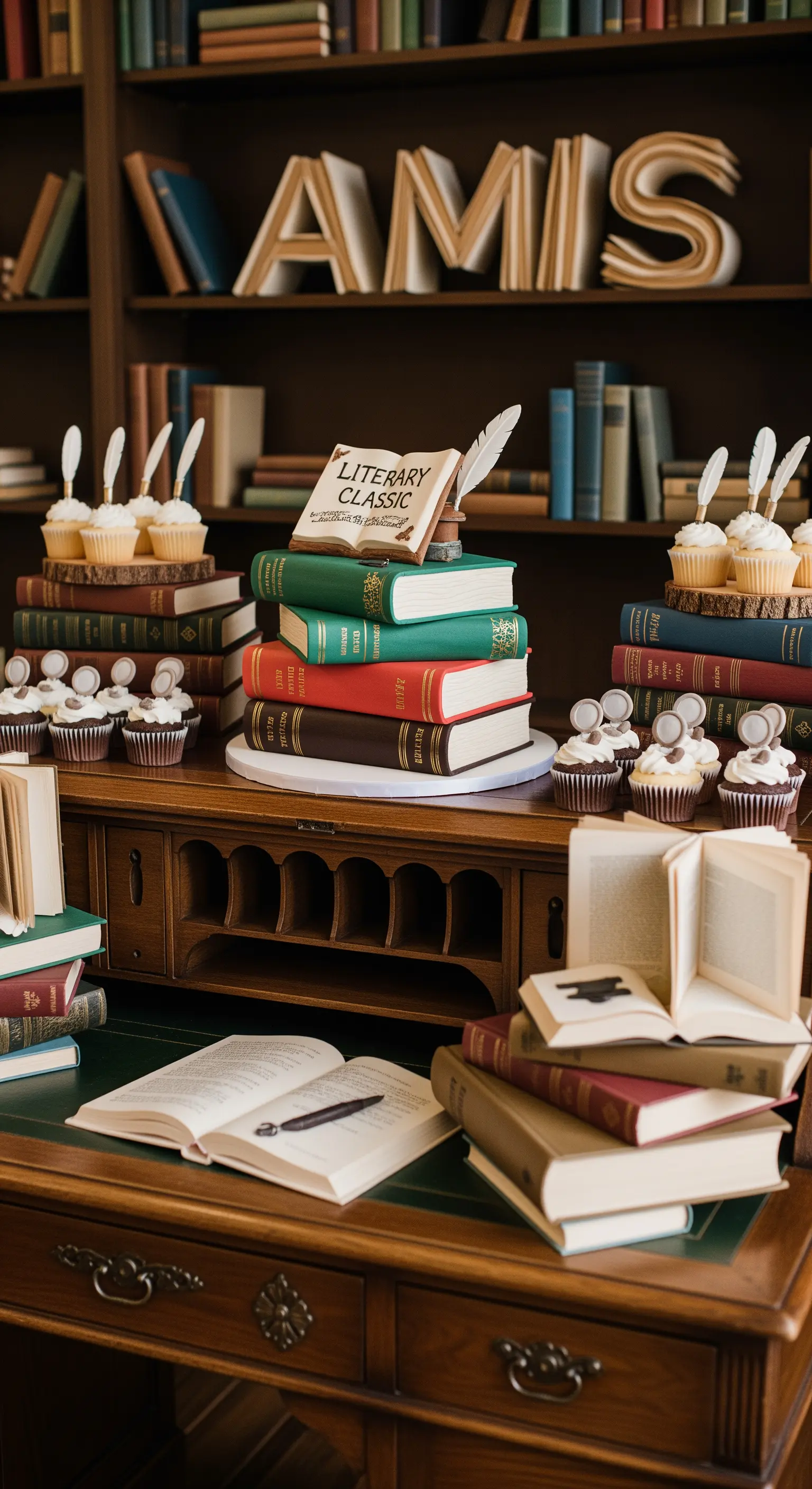Sweet table a tema letterario con torta a forma di libri, allestito su uno scrittoio antico