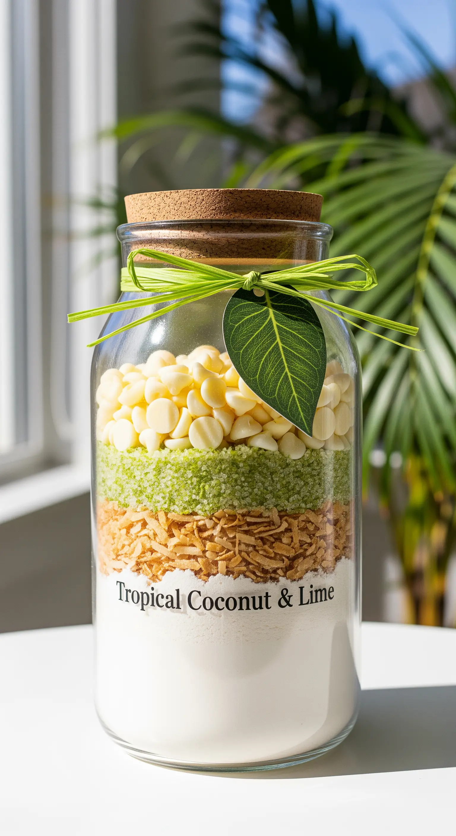Barattolo per biscotti tropicali con cocco tostato, lime e un'etichetta a forma di foglia.