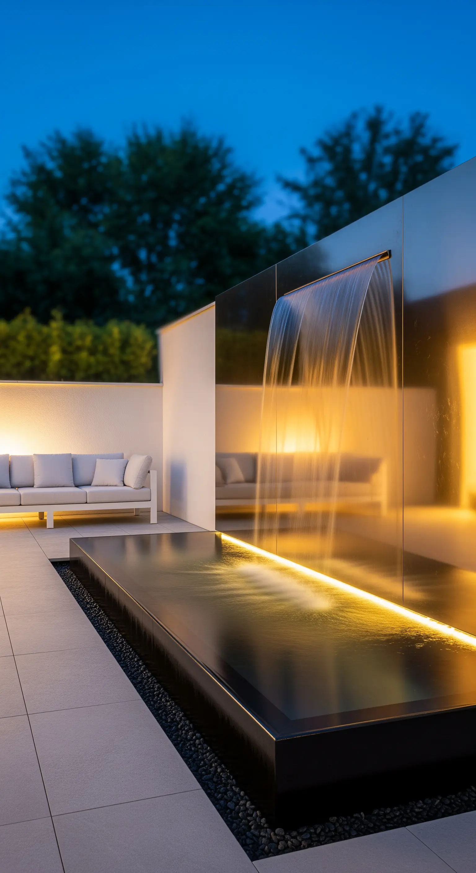 Fontana di design con cascata d'acqua su una parete a specchio e illuminazione a LED integrata