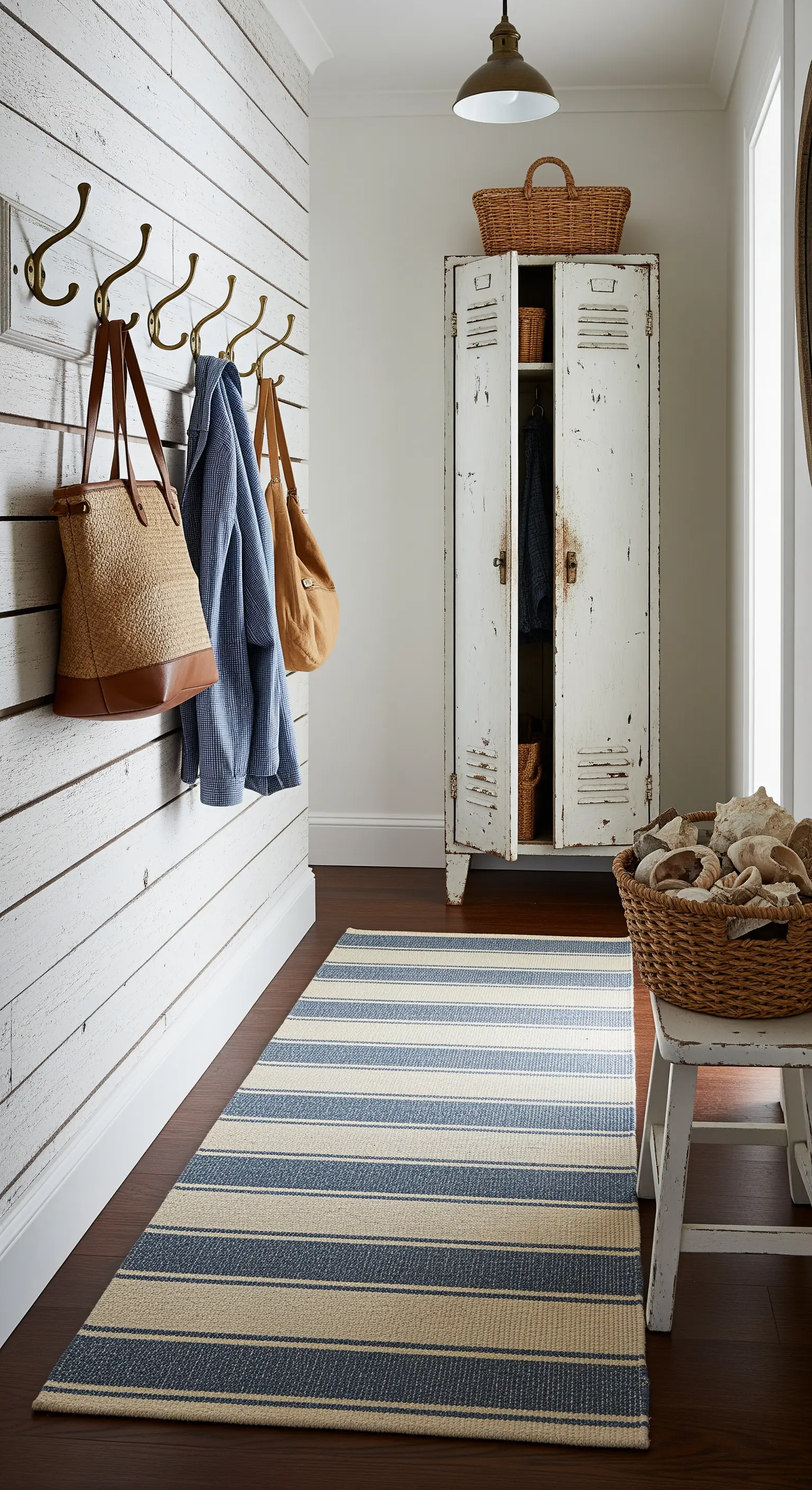 Ingresso con parete in legno sbiancato, armadietto vintage in metallo e runner a righe.