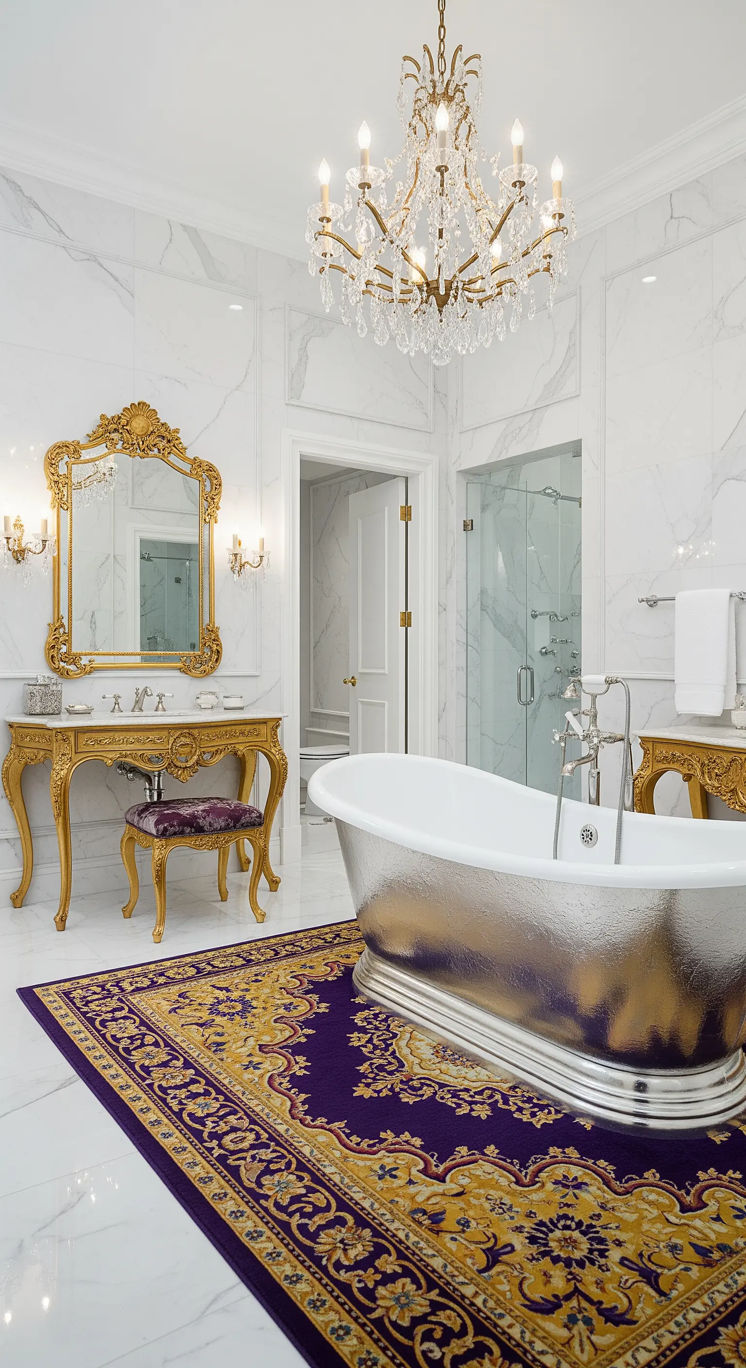 Bagno di lusso con pareti in marmo, arredi dorati e un tappeto viola e oro.