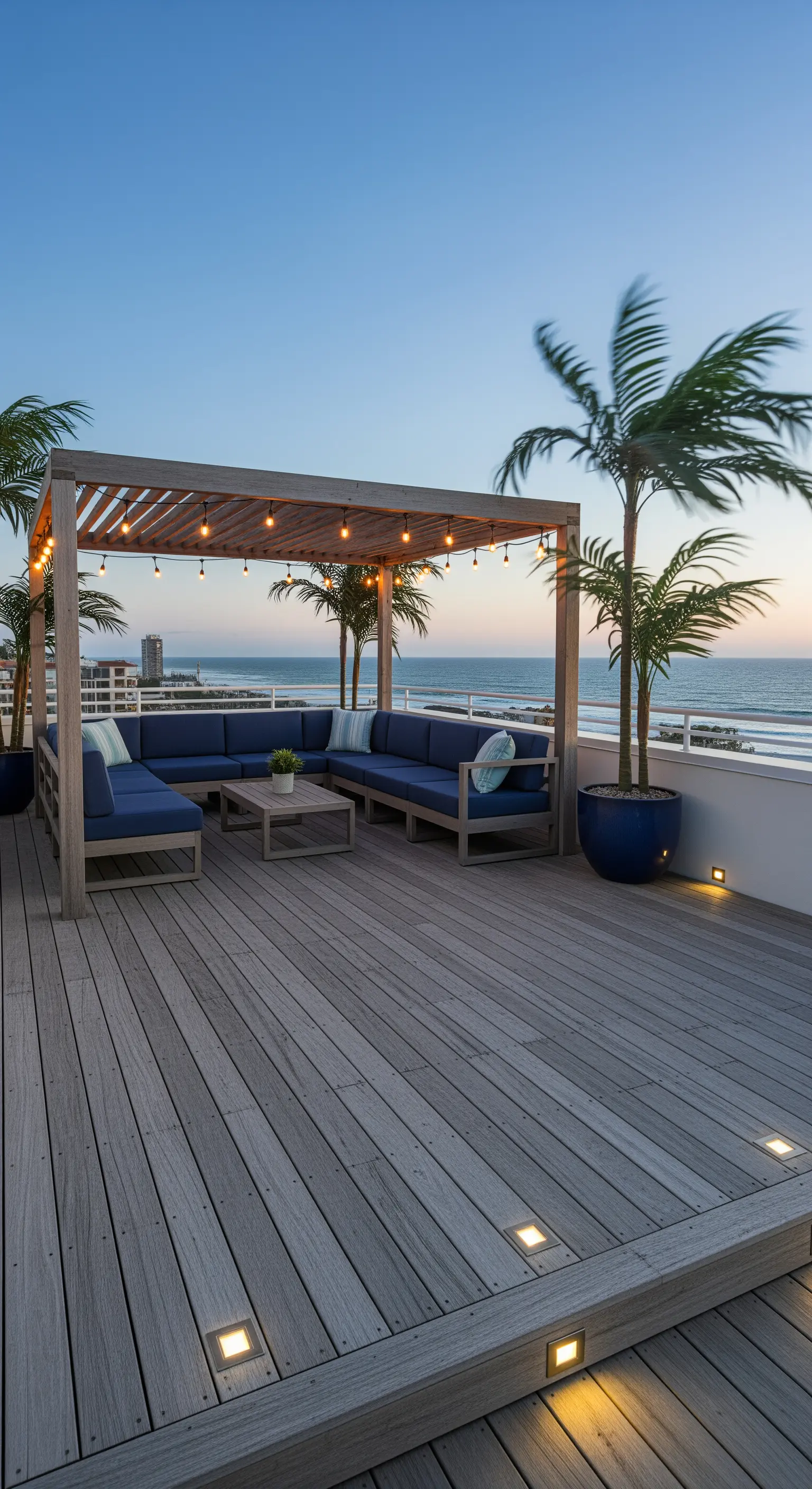 Terrazza vista mare con decking in legno grigio, pergola e divani blu