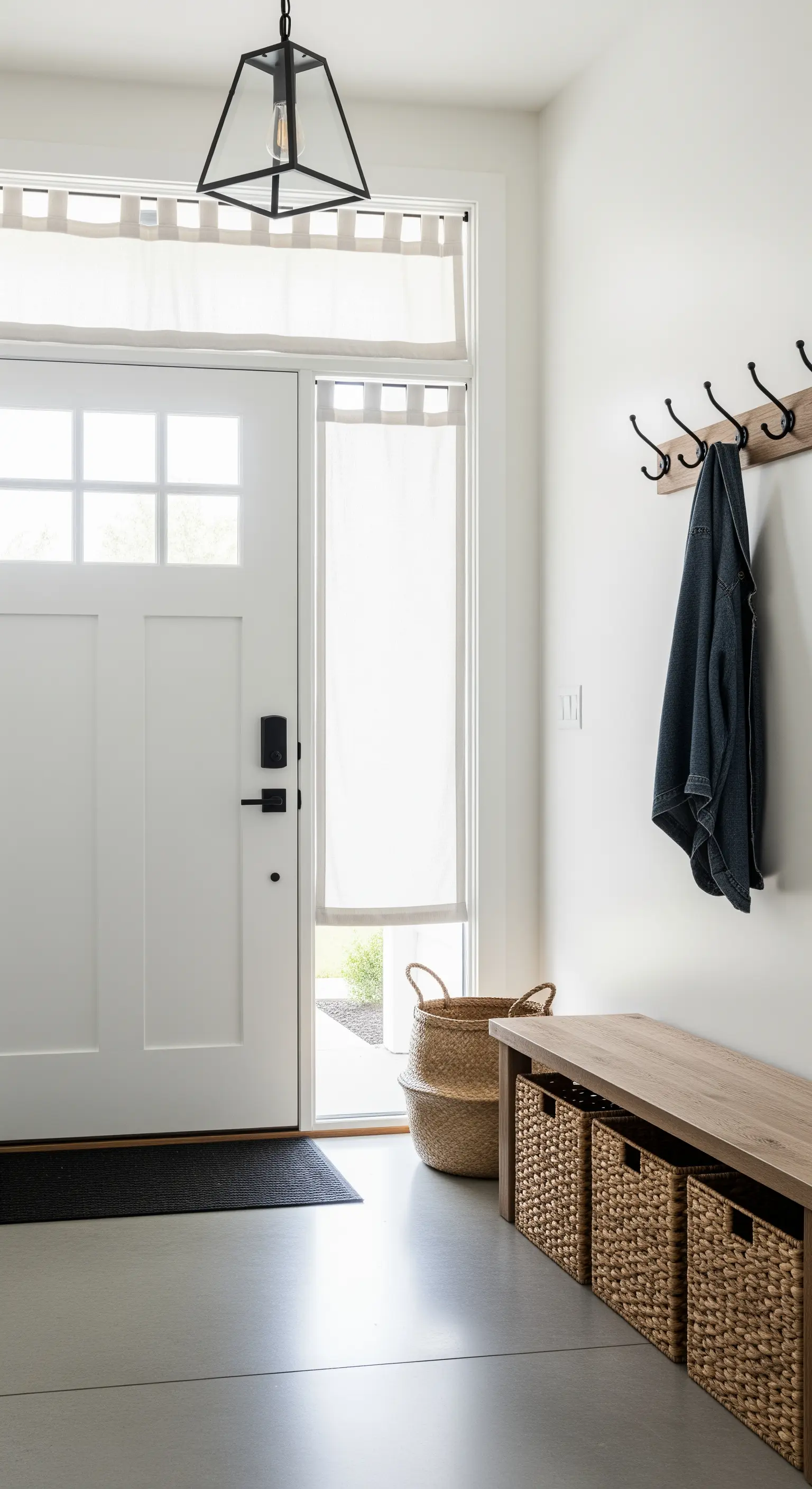 Ingresso moderno con panca in legno, cesti contenitori e tende a pacchetto in lino bianco.