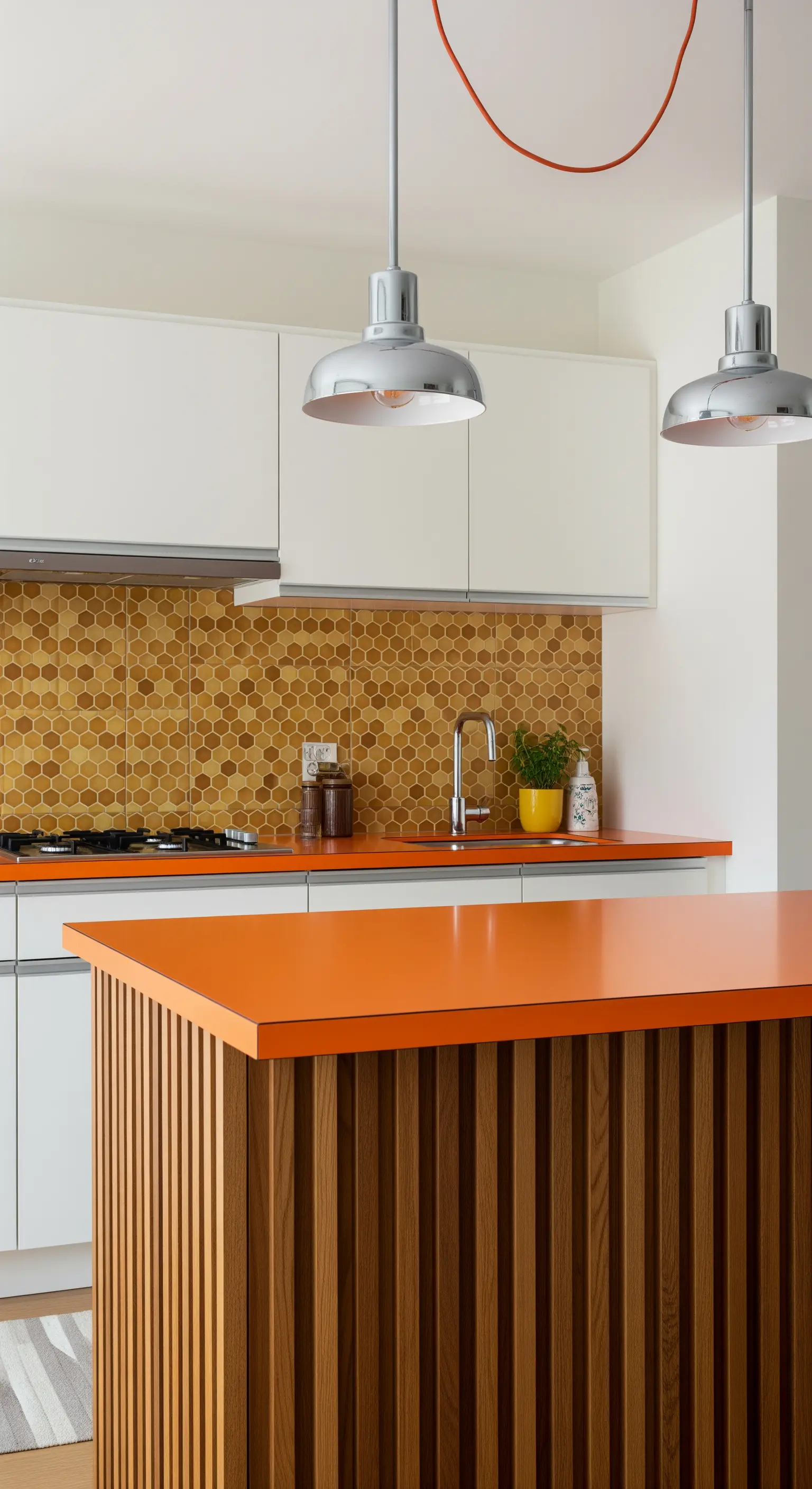Isola da cucina con base in legno a listelli e piano di lavoro arancione acceso.