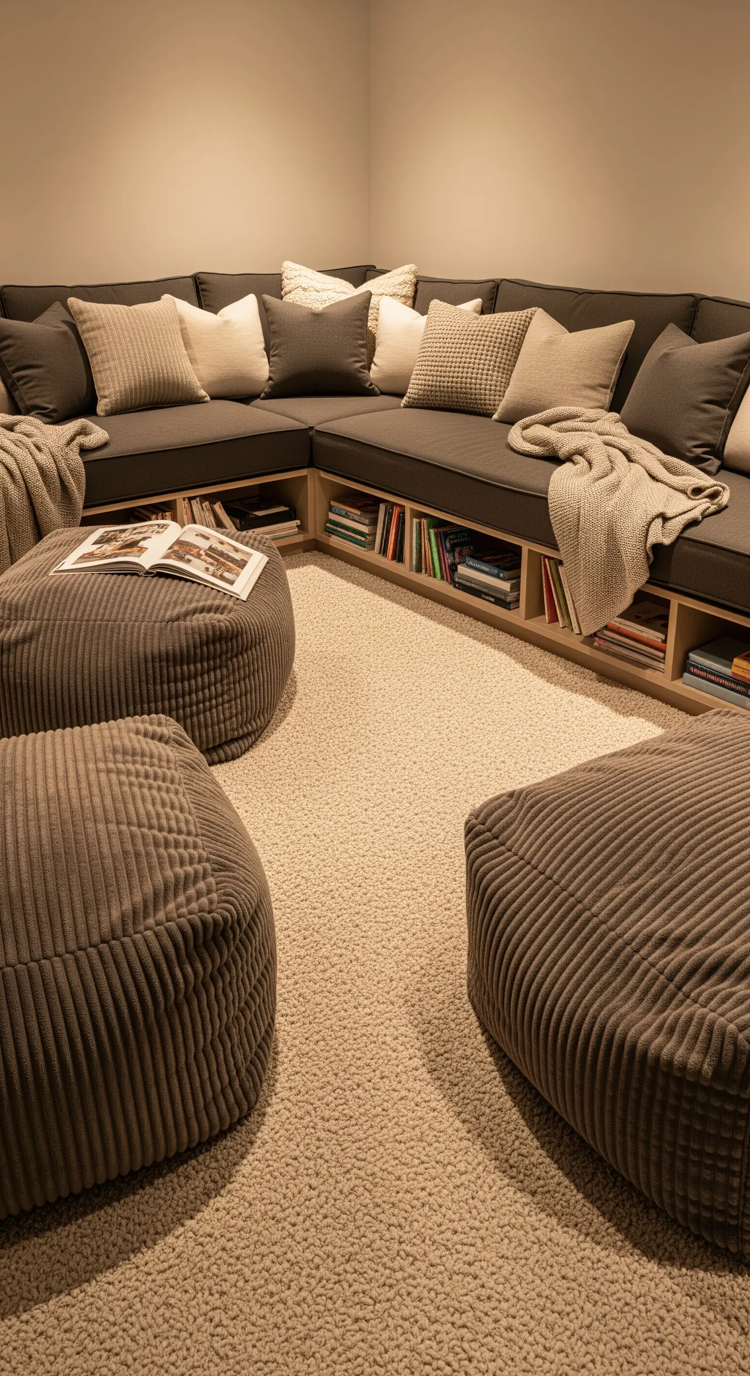 Area relax con divano componibile basso color tortora e pouf coordinati su una moquette spessa.