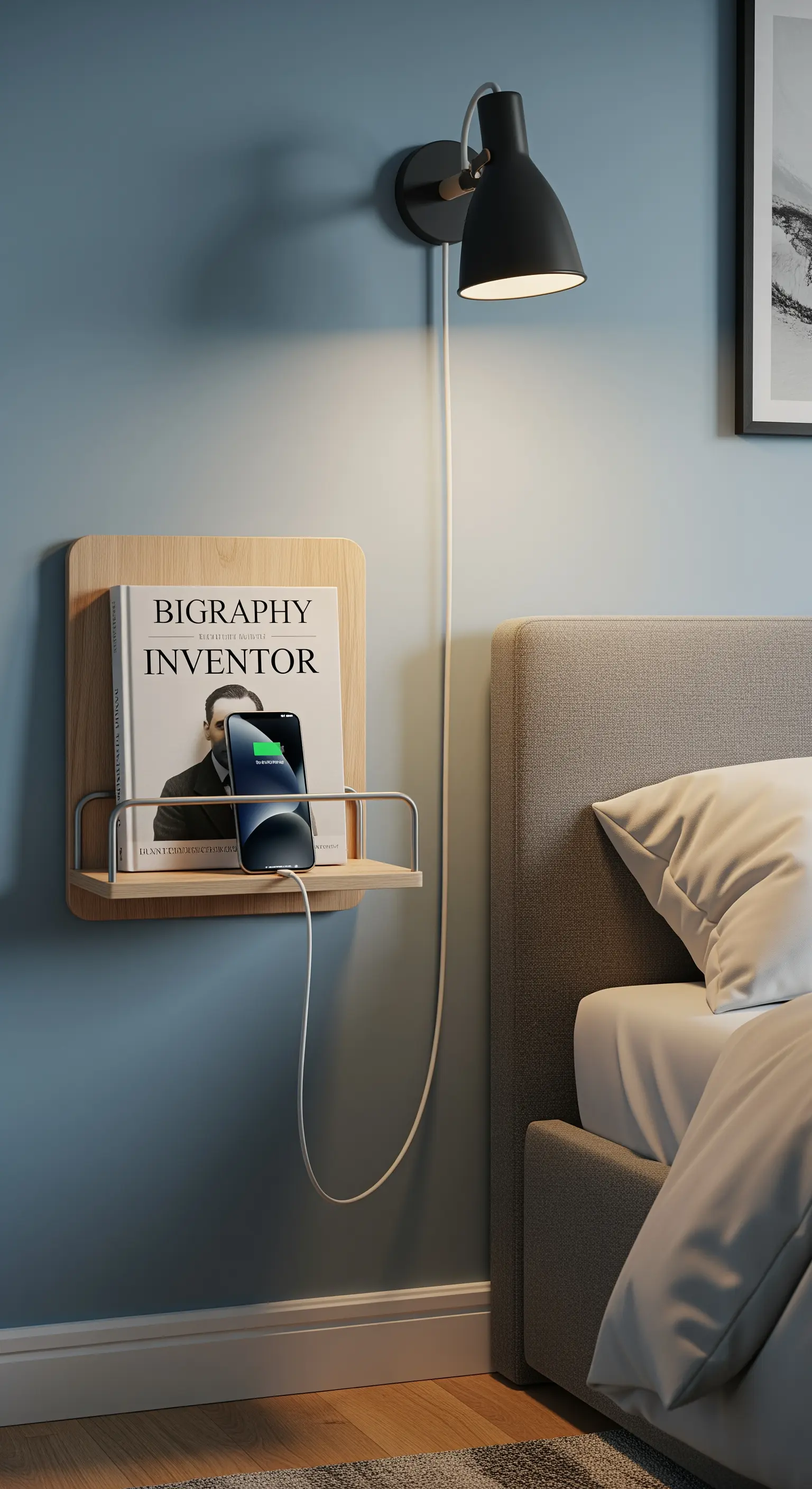 Piccola mensola-comodino in legno e metallo con libro e smartphone in carica accanto al letto.