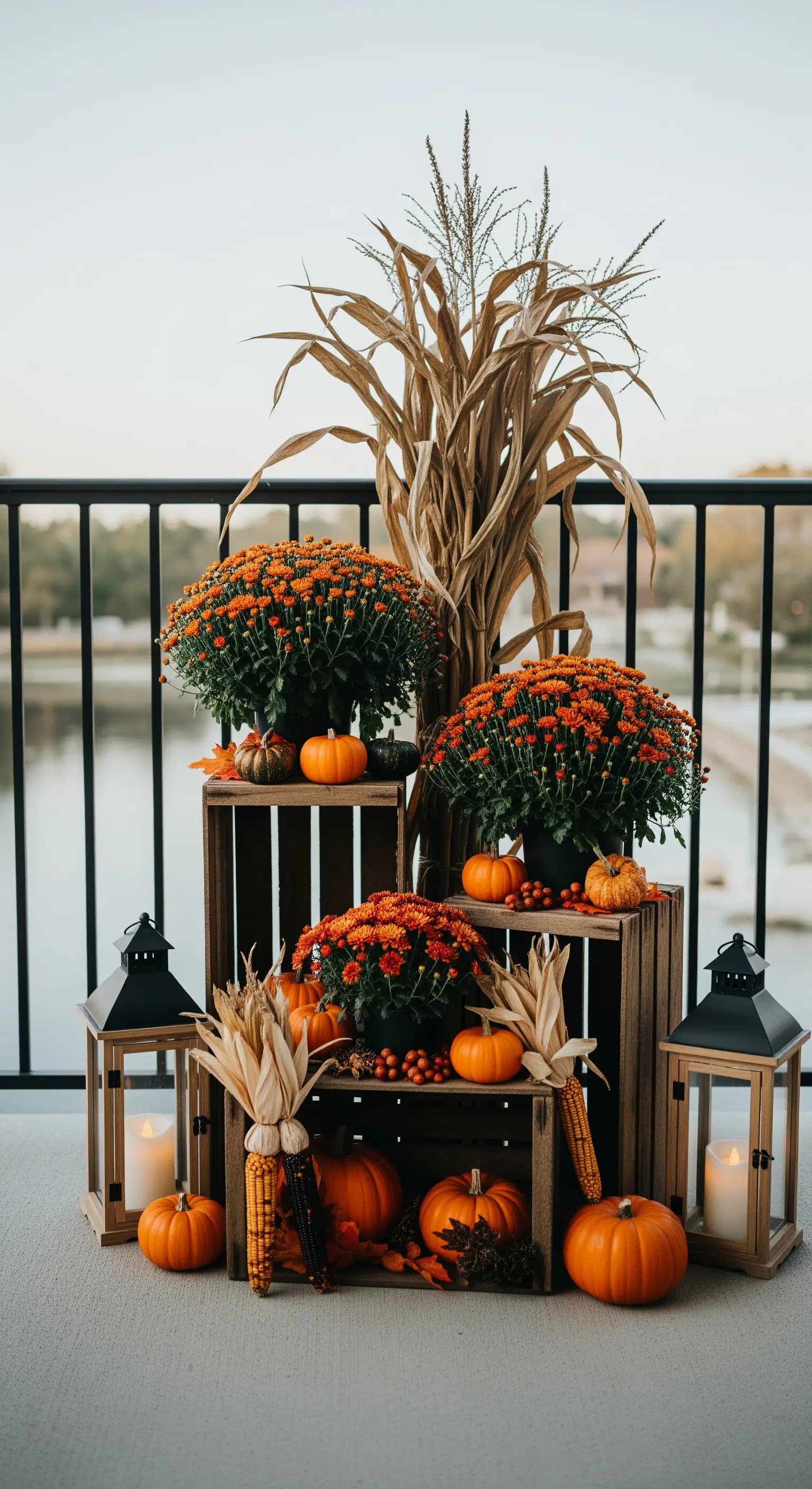 Allestimento autunnale su un balcone con cassette di legno, zucche, crisantemi e lanterne.