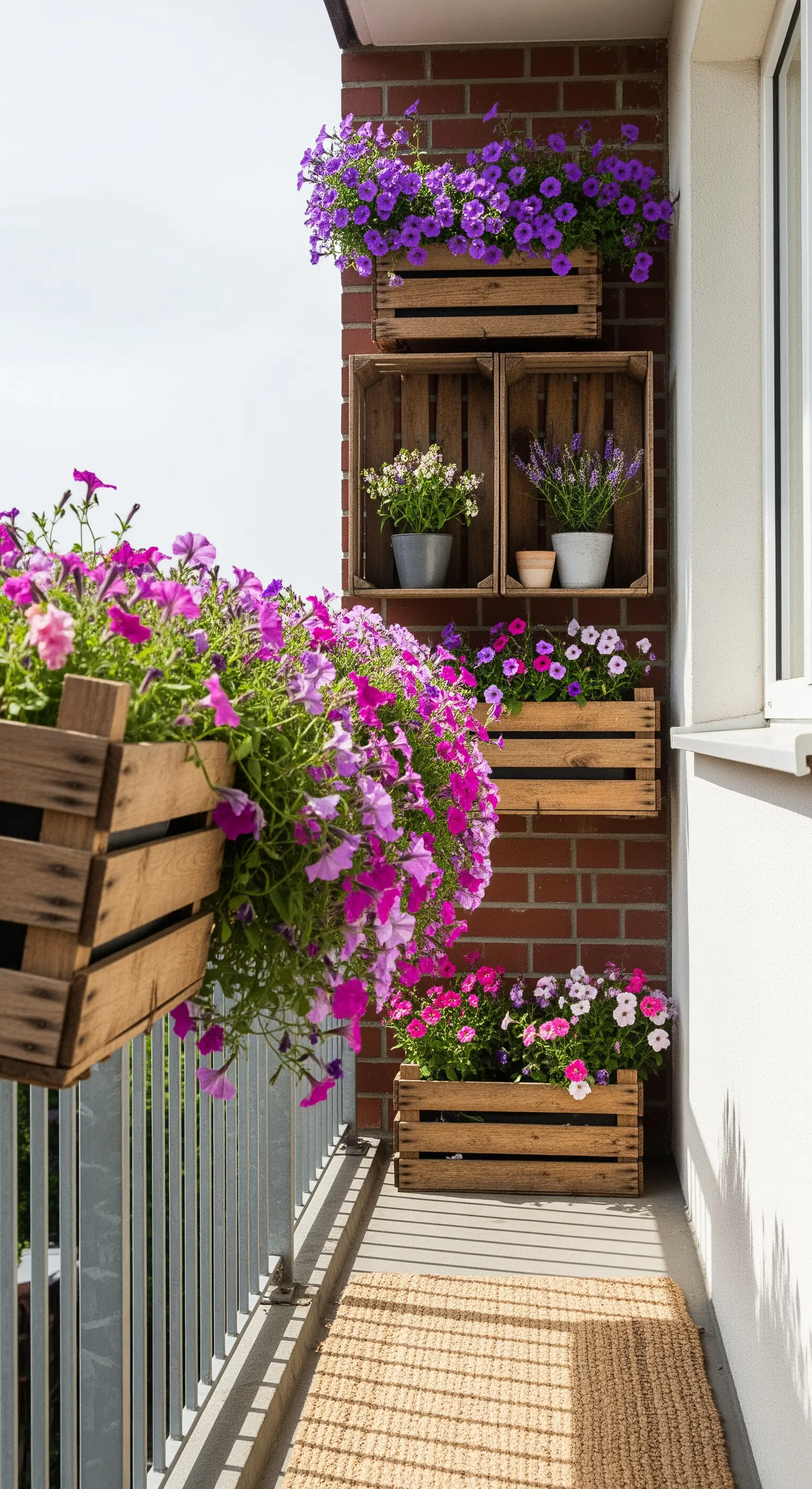 Balcone stretto con cassette di legno appese a parete e a terra, piene di petunie viola.