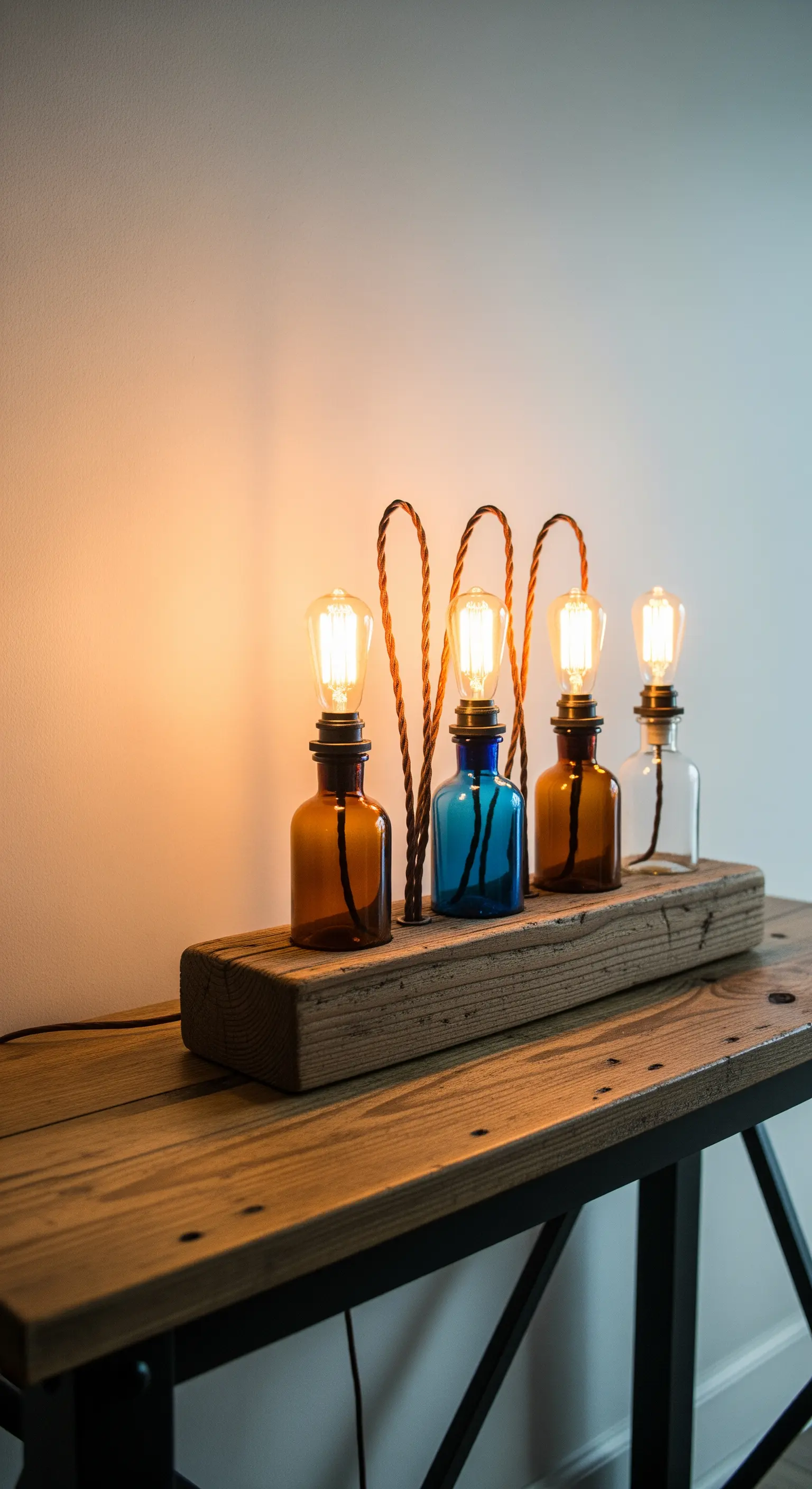 Lampada da consolle con quattro bottiglie di vetro colorato su una trave di legno grezzo.