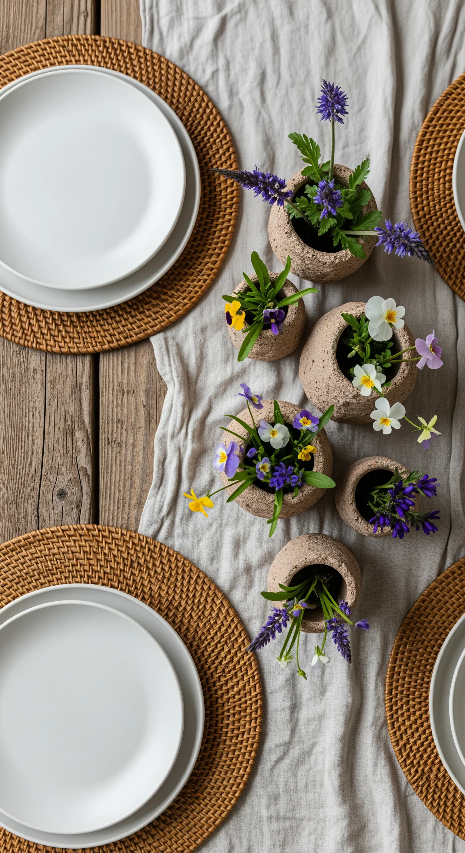 Tavola rustica con piccoli vasi di terracotta contenenti viole e muscari, visti dall'alto