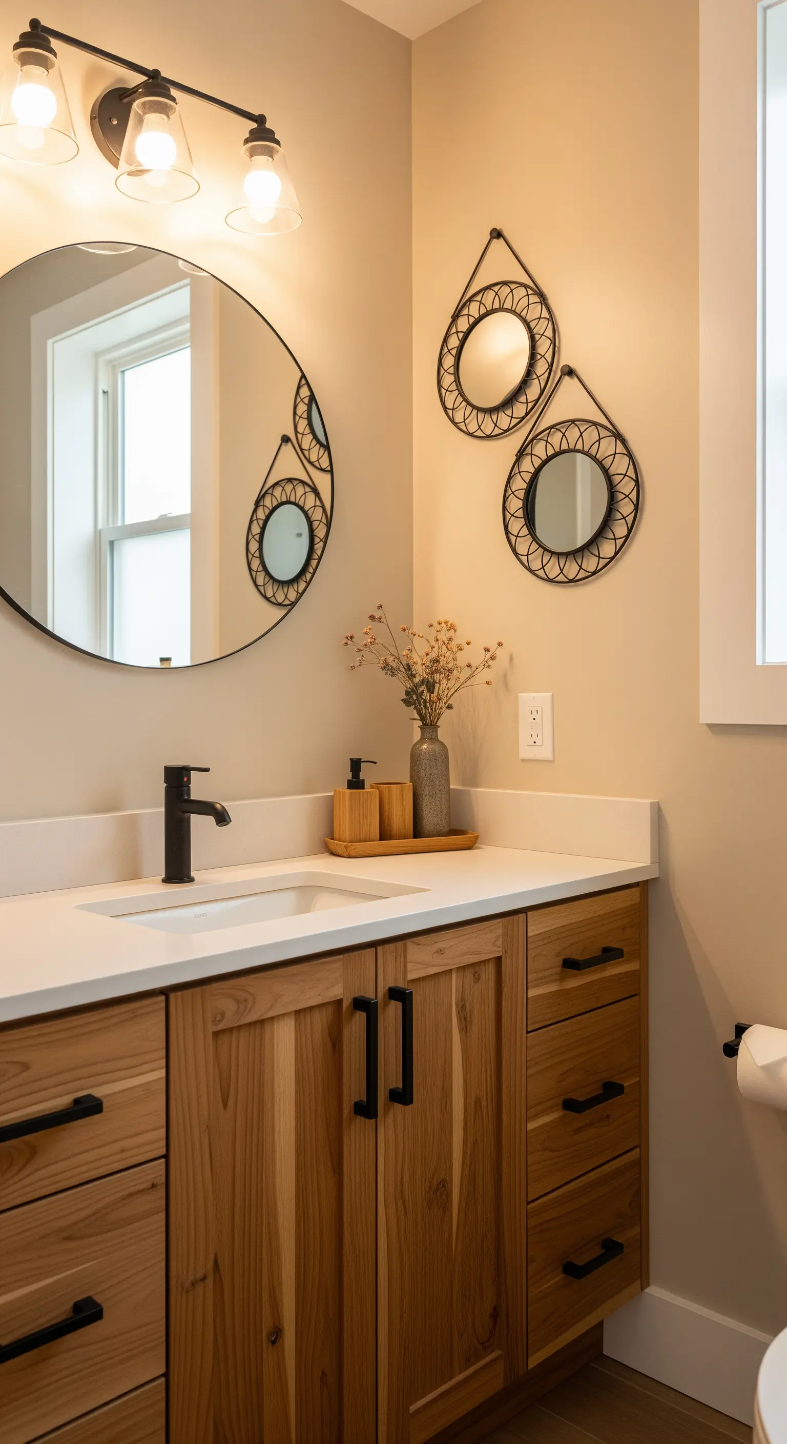 Parete del bagno con uno specchio rotondo grande e due piccoli specchi decorativi.