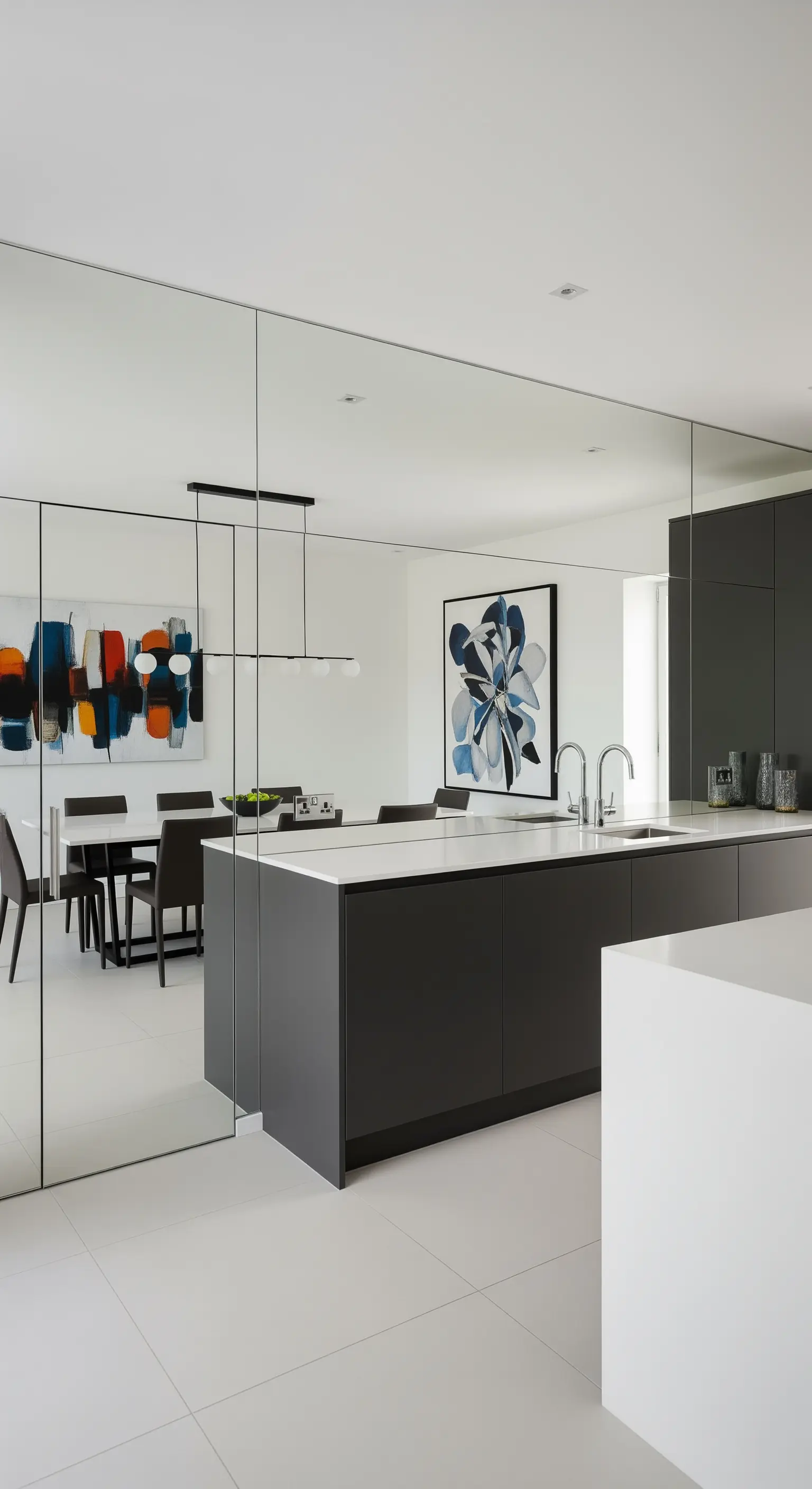 Parete a specchio che separa la cucina moderna dalla zona pranzo.