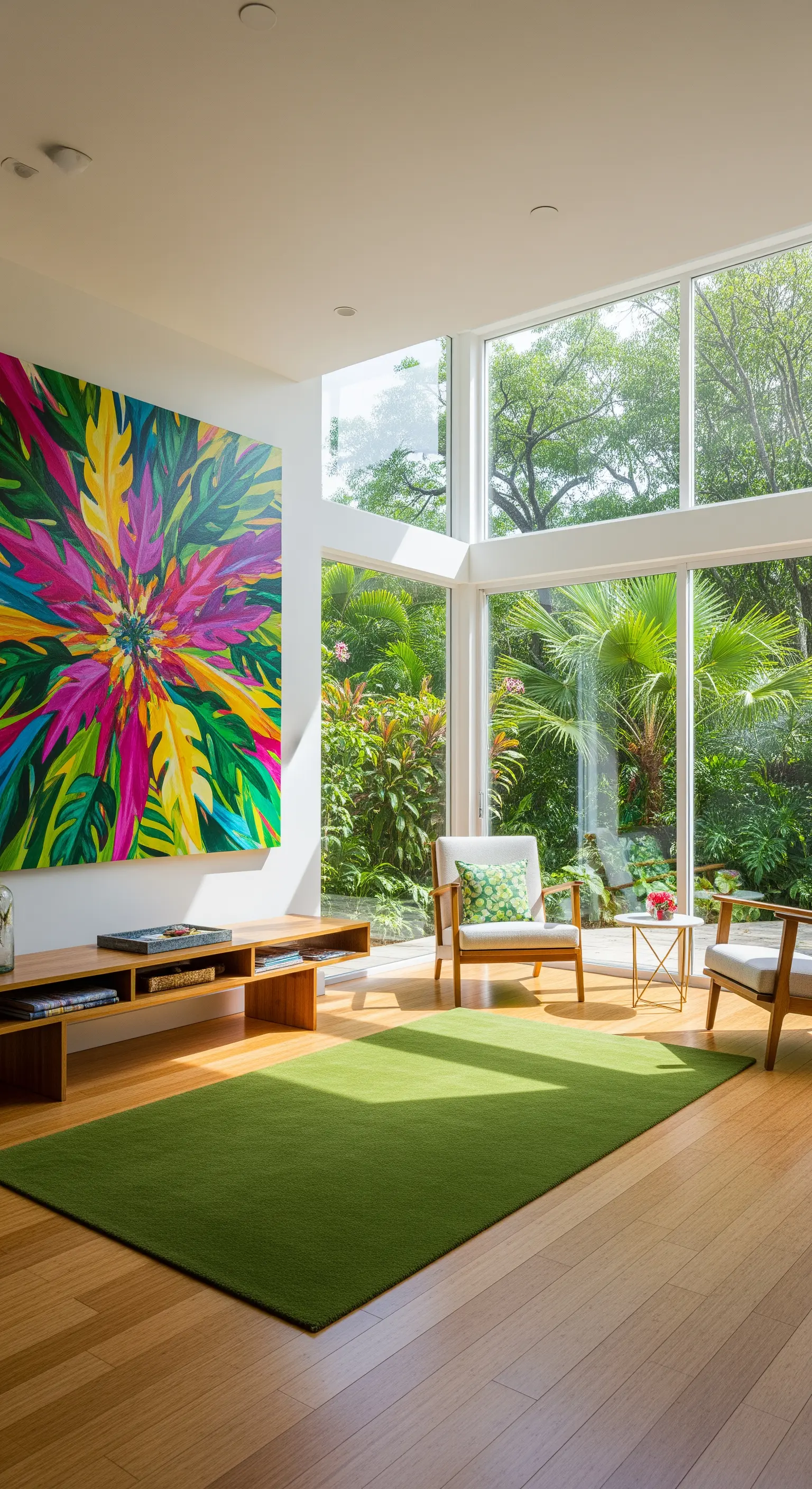 Soggiorno luminoso con vetrate sul giardino, quadro floreale astratto e tappeto verde.