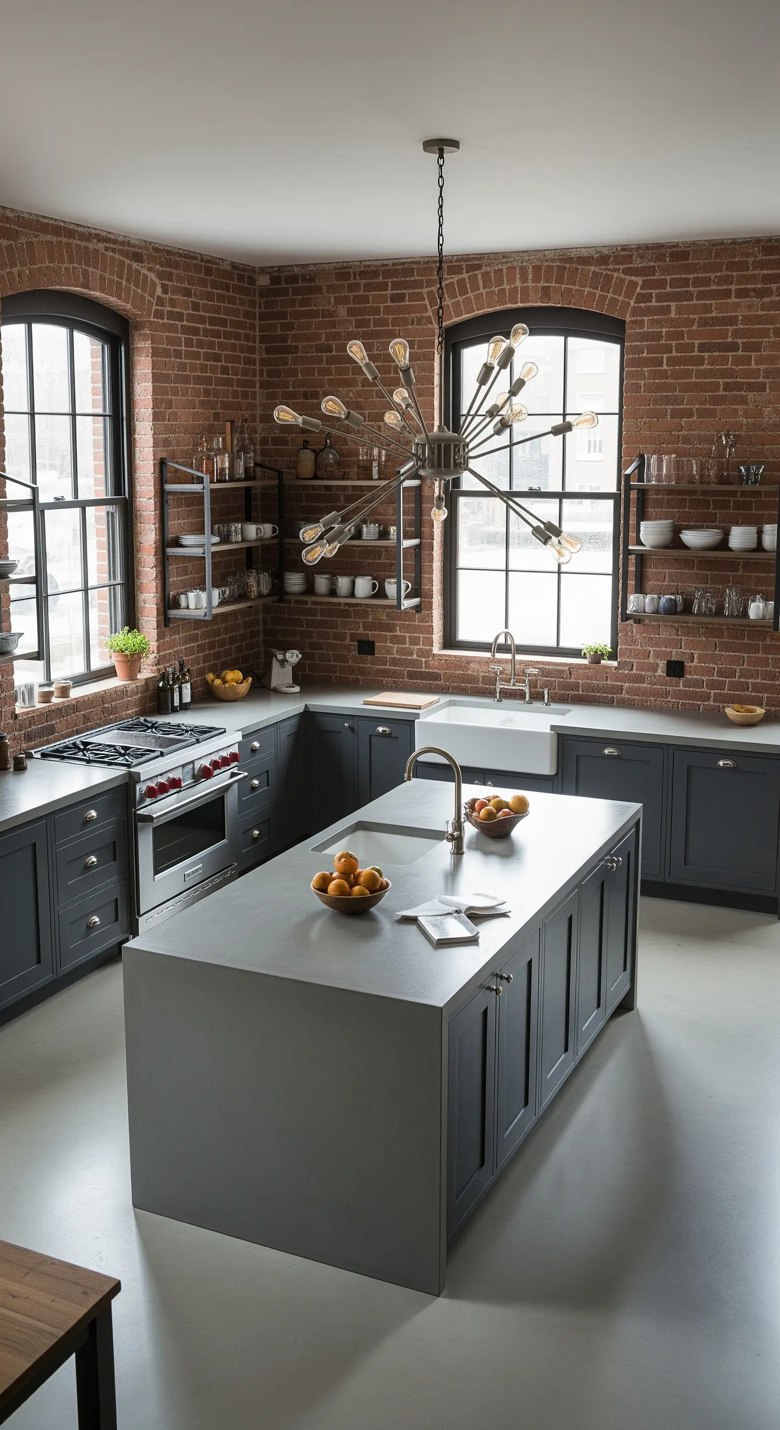 Cucina industrial con mobili shaker grigi e un lampadario sputnik moderno.