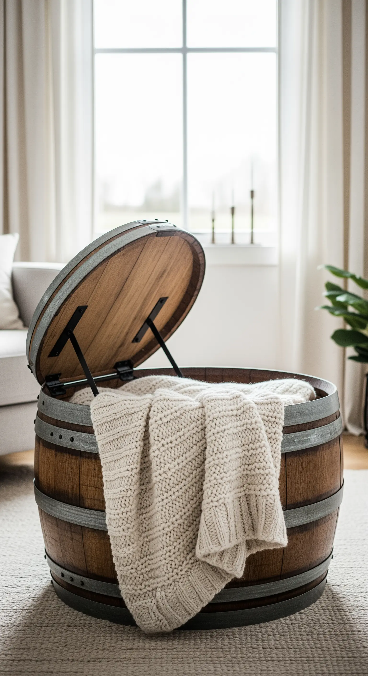 Botte di rovere trasformata in un contenitore con coperchio incernierato, con una coperta all'interno.