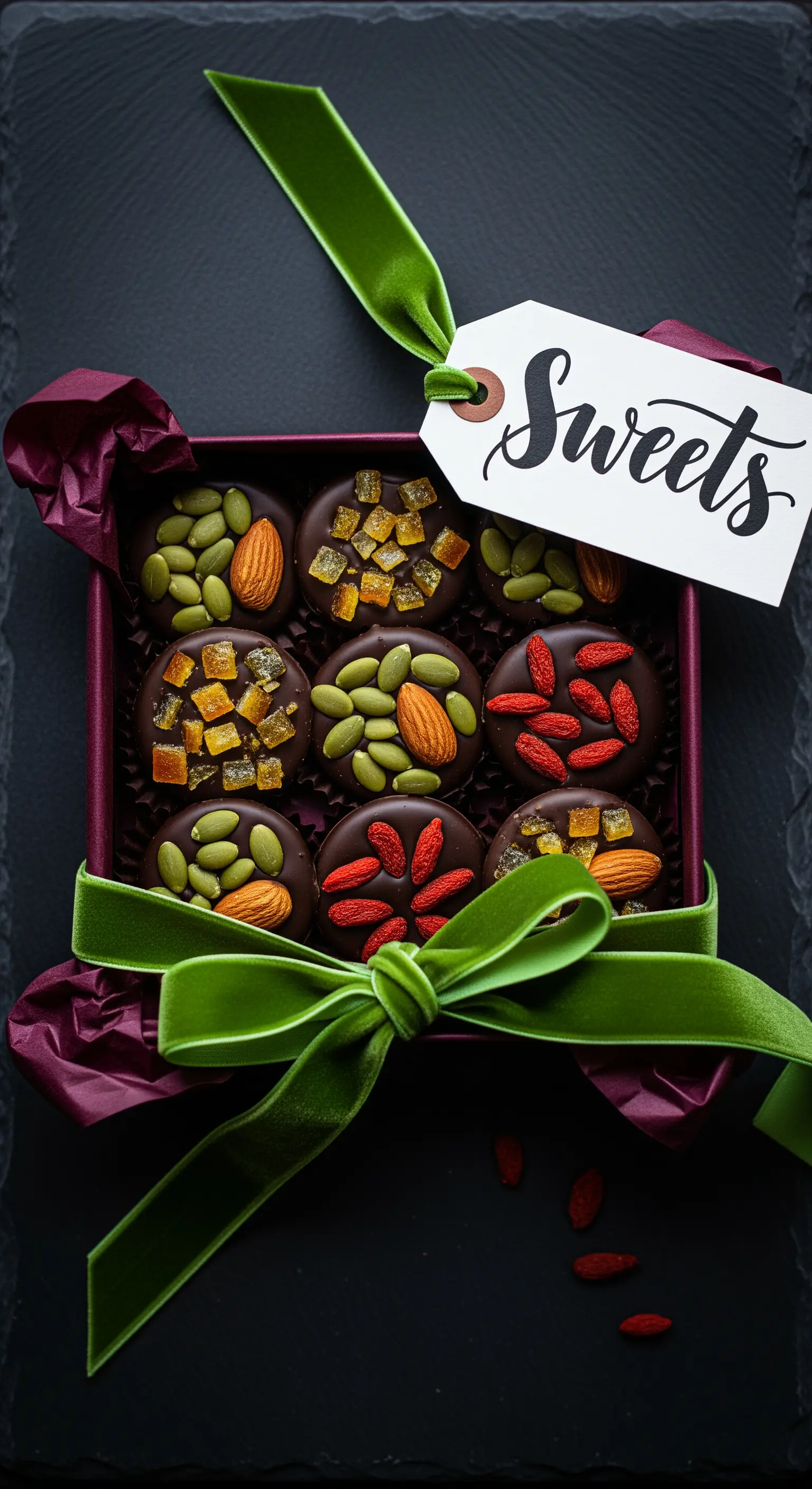 Scatola di cioccolatini decorati con frutta secca, chiusa da un nastro di velluto verde.