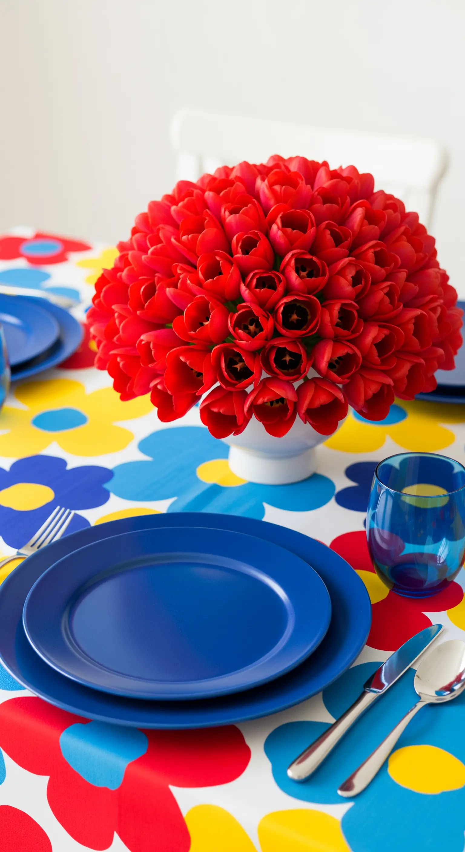 Tavola moderna con tovaglia a blocchi di colore, piatti blu e un denso bouquet di tulipani rossi.