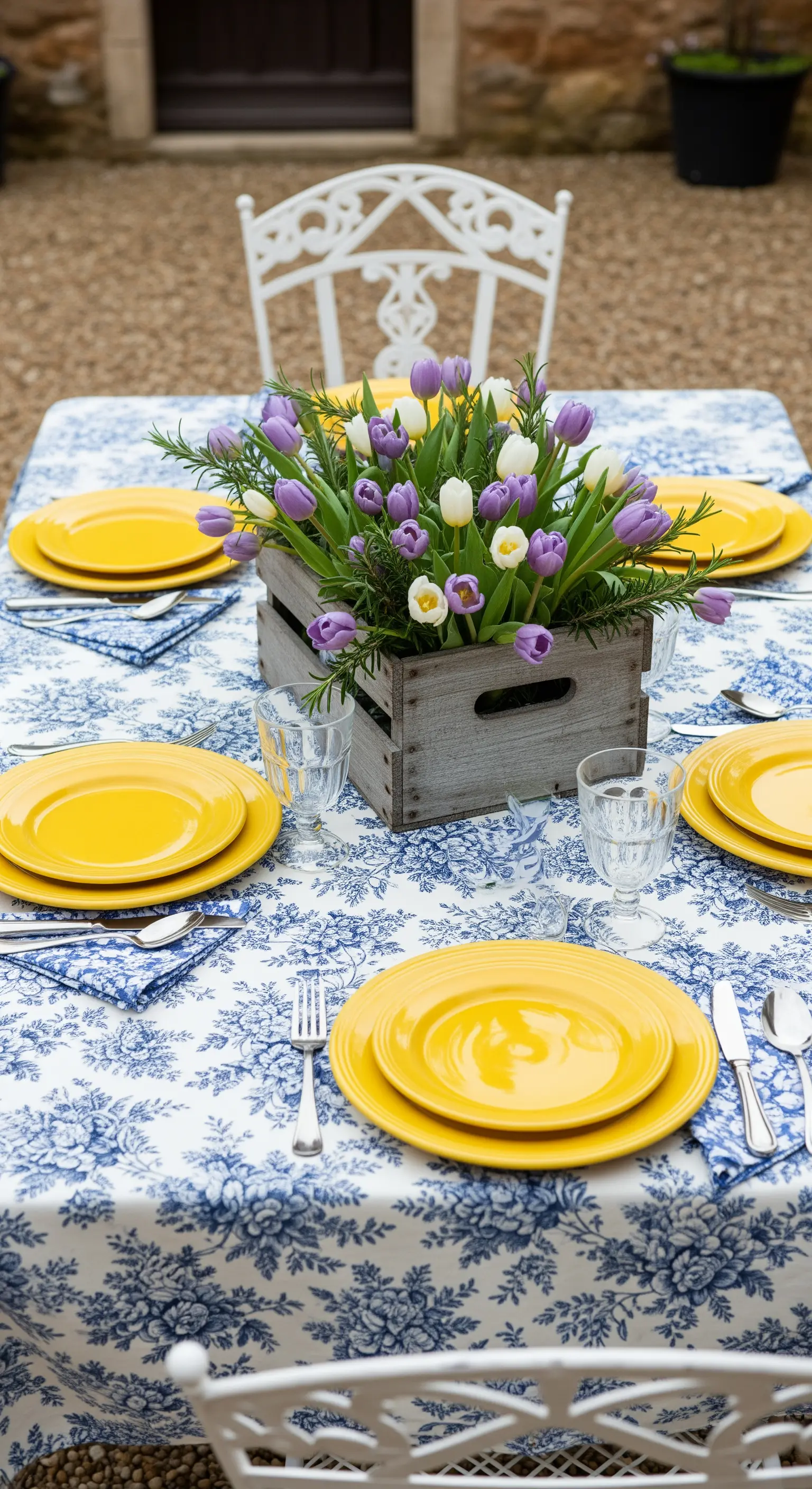 Tavola con tovaglia floreale blu e bianca, piatti gialli e tulipani in una cassetta di legno.