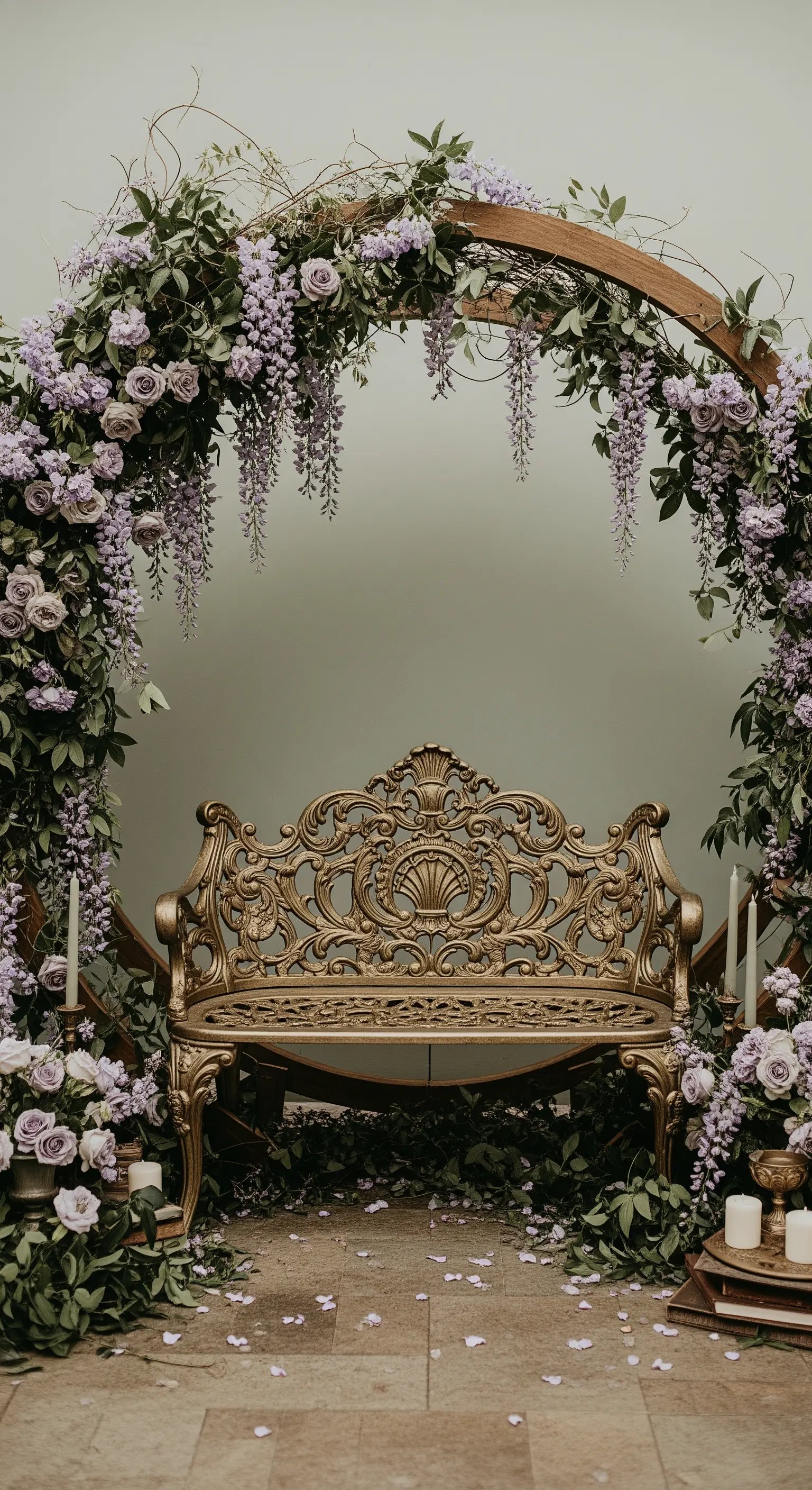 Panca dorata barocca circondata da un arco di glicine e rose lilla.