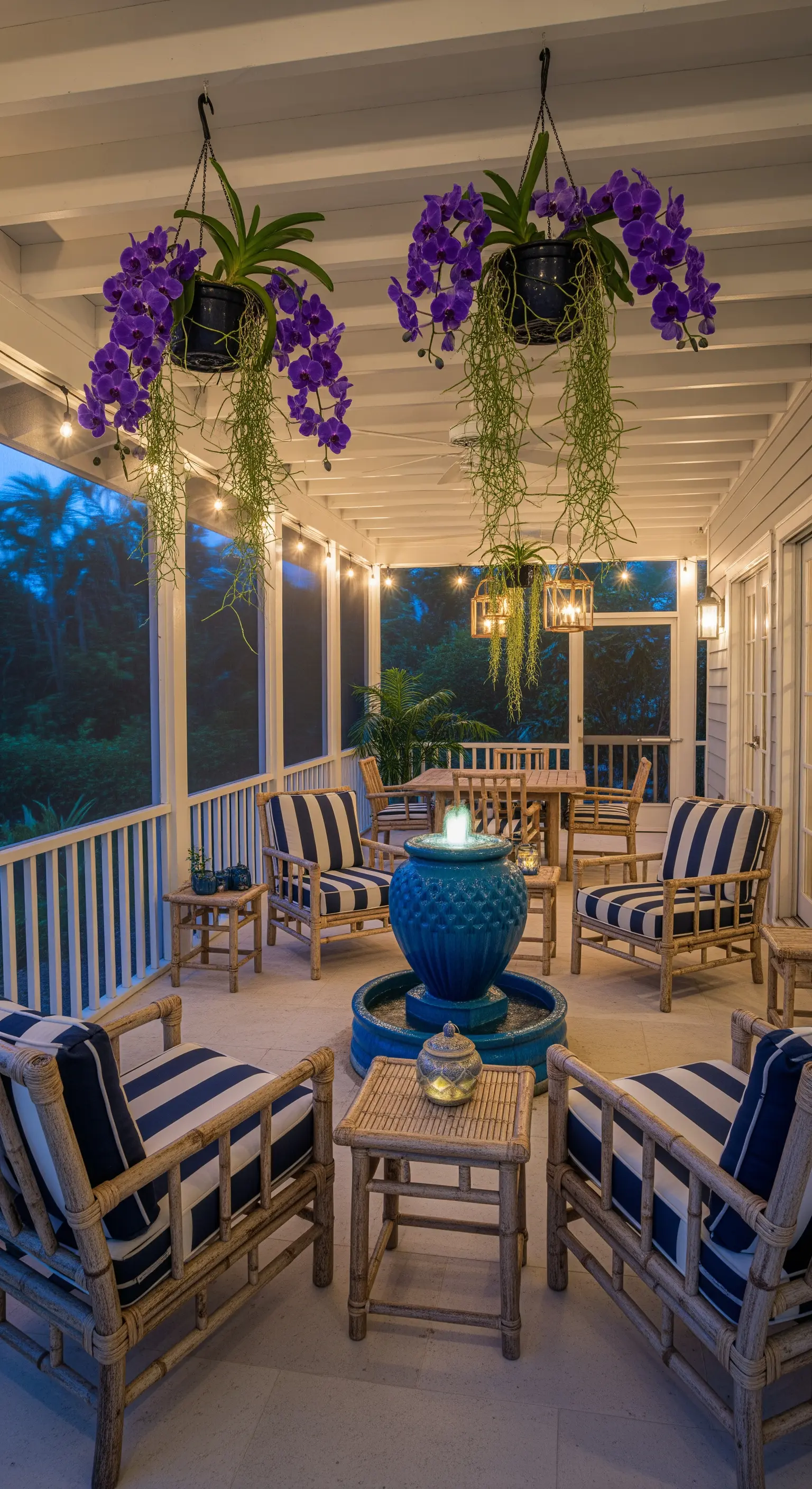 Portico con salotto a righe blu, fontana centrale in ceramica e orchidee viola sospese.