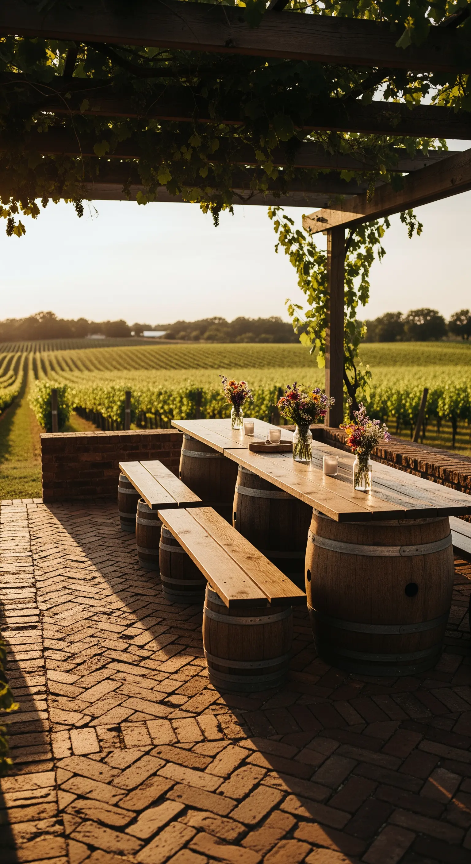 Tavolo da picnic con basi a botte di vino sotto un pergolato affacciato su un vigneto.