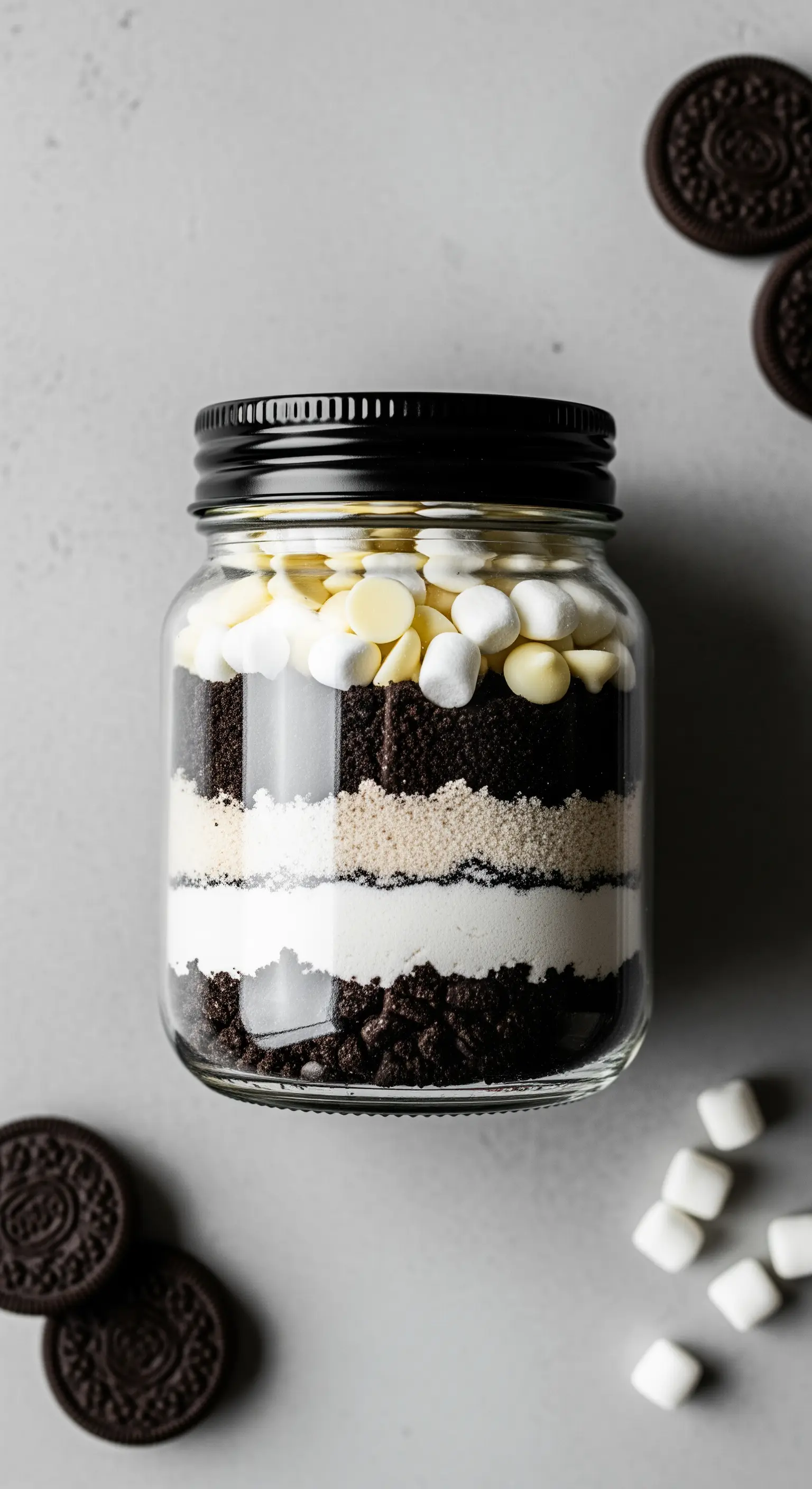 Preparato per biscotti cookies & cream in un barattolo con strati bianchi e neri e tappo nero.