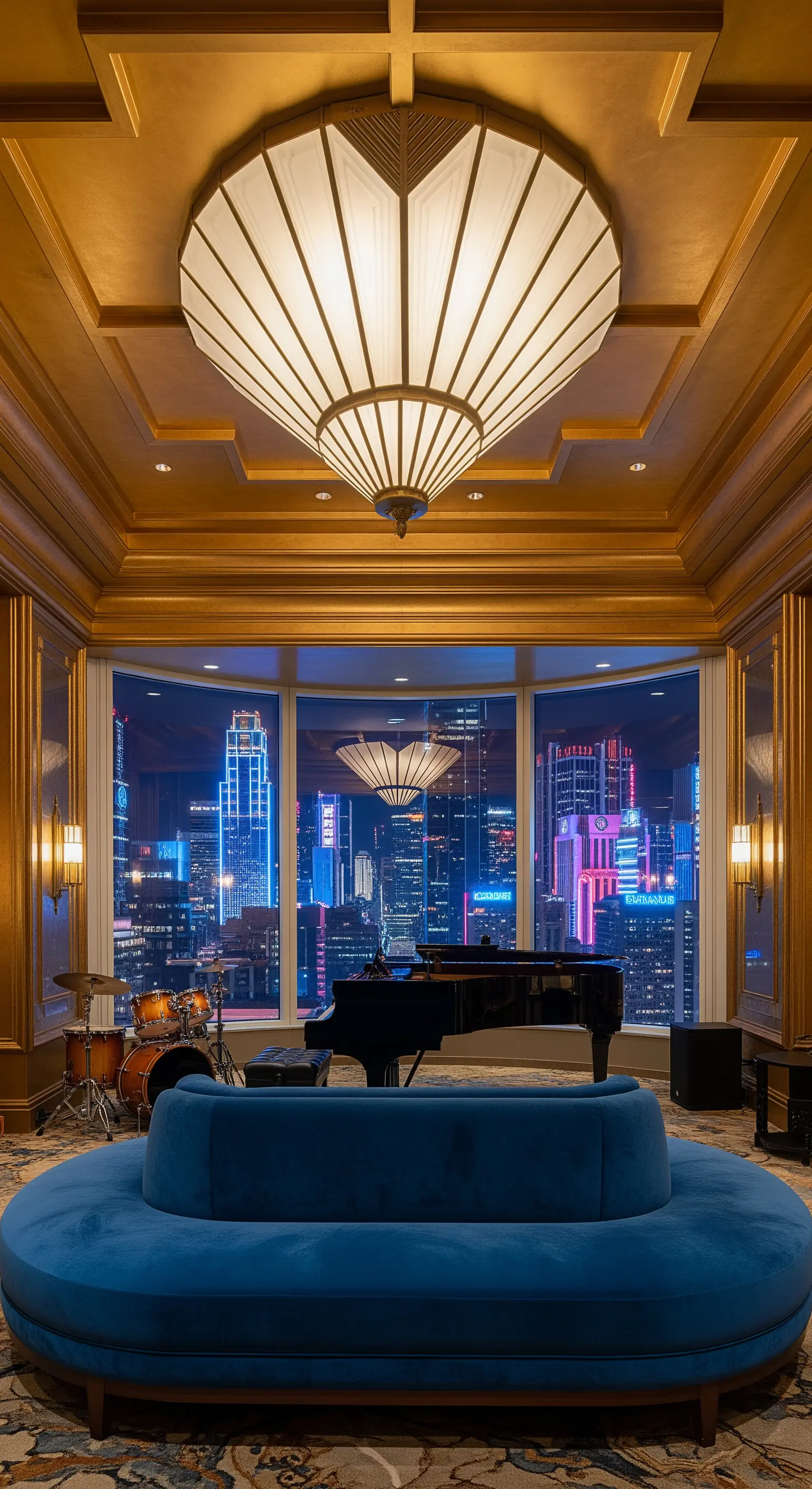 Studio con vista notturna sulla città, plafoniera Art Déco e divano curvo in velluto blu.