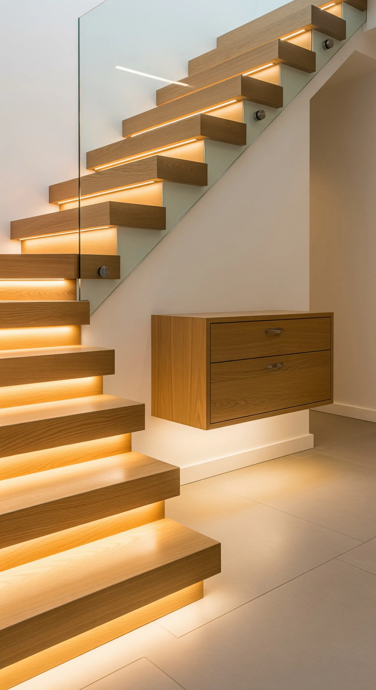 Scala in legno con LED integrati e cassettiera sospesa coordinata nel sottoscala.