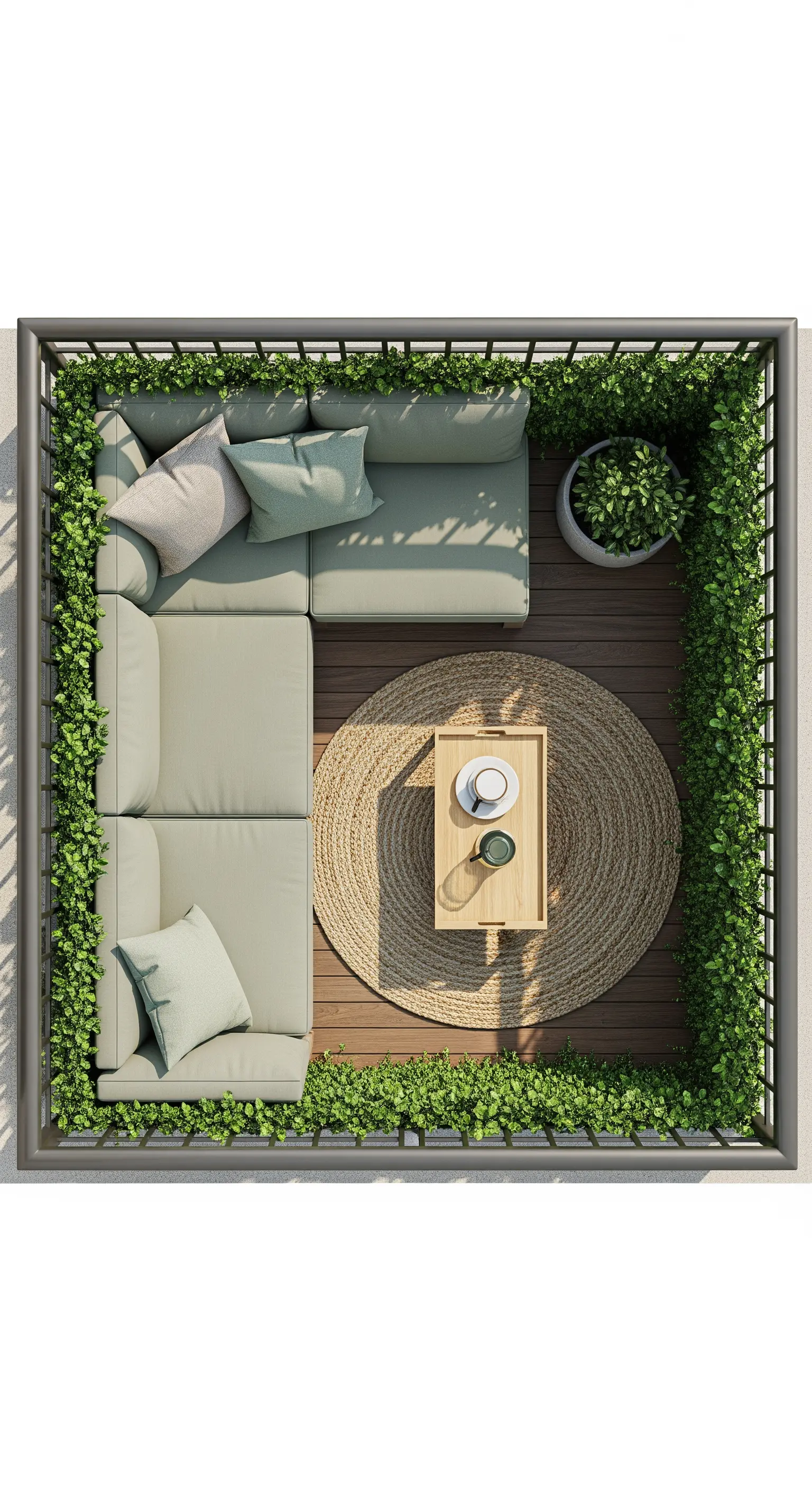 Vista dall'alto di un balcone con un divano angolare beige e una cornice di verde lungo la ringhiera.