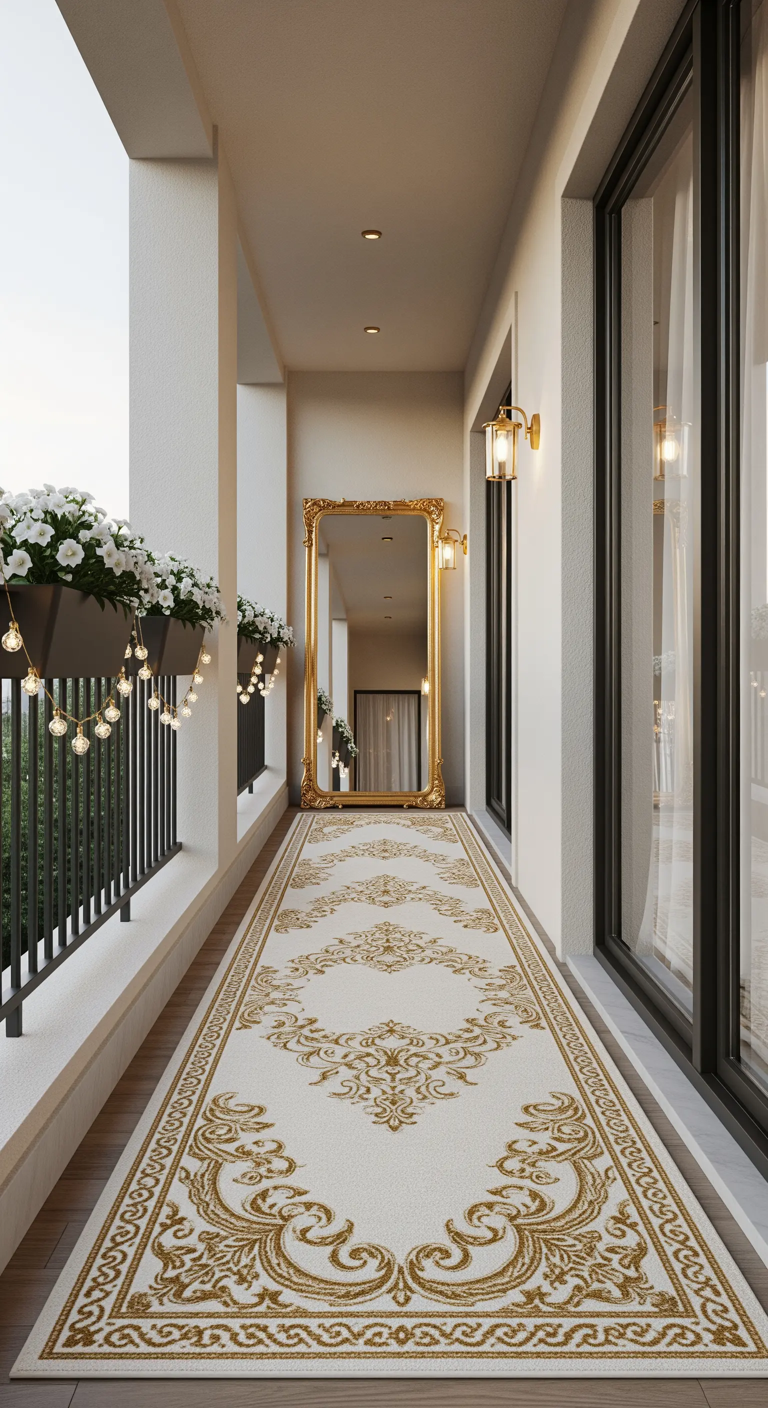 Balcone lungo e stretto con specchio a figura intera sul fondo e un tappeto classico