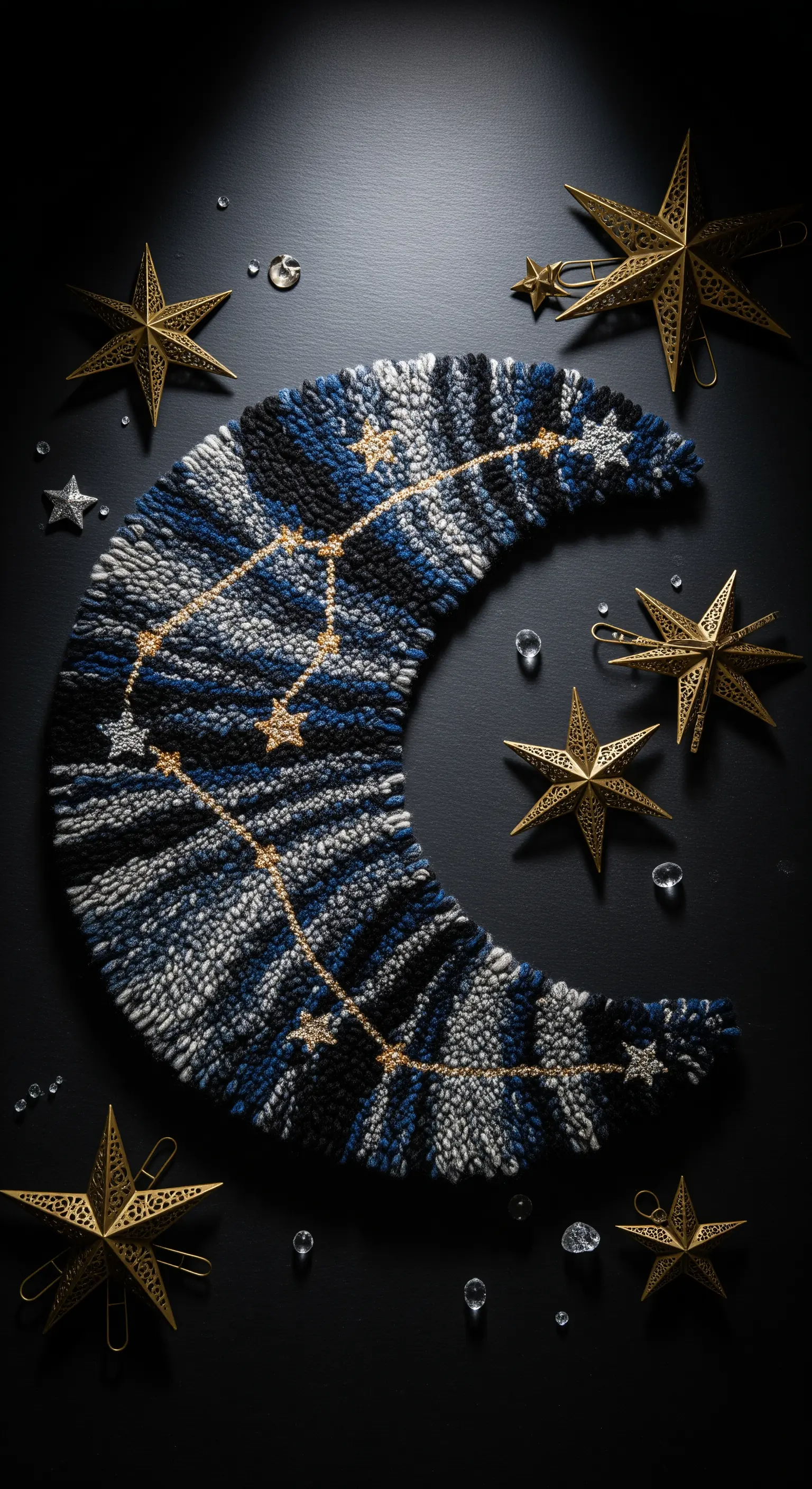 Tappeto a forma di mezzaluna blu e nero con una costellazione ricamata in filo dorato.