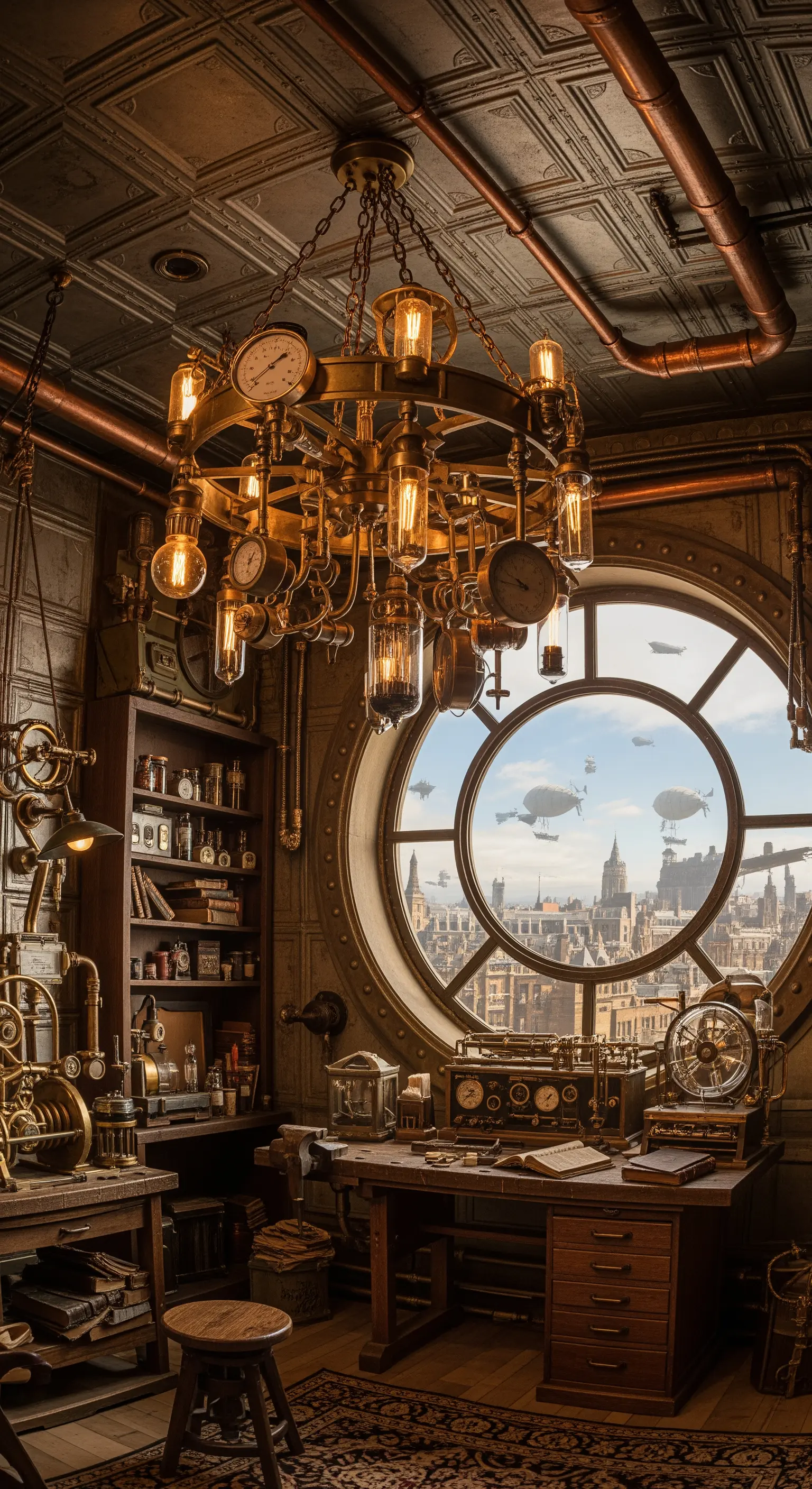 Studio Steampunk con un complesso lampadario fatto di ingranaggi e tubi di rame.