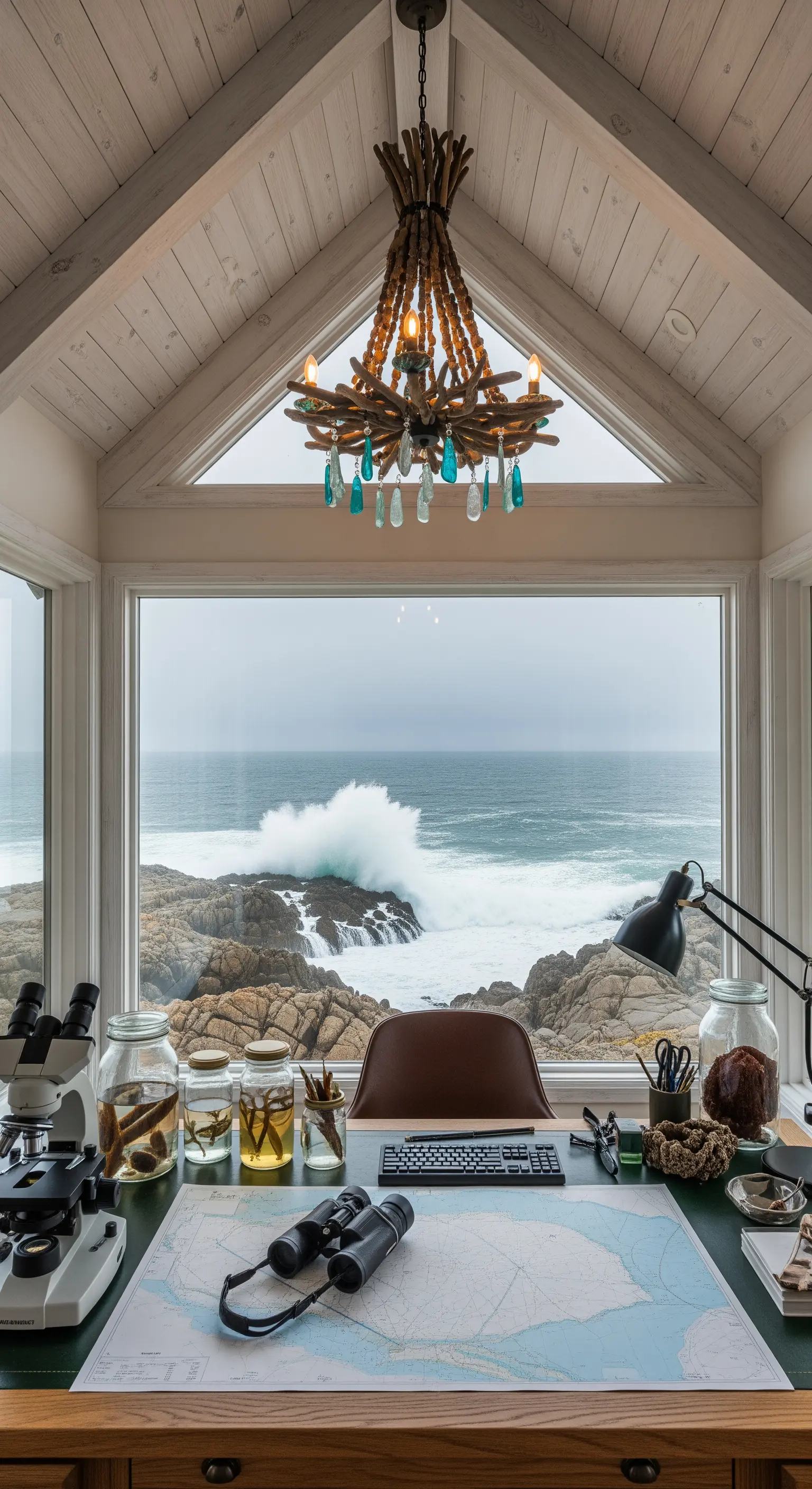 Studio con vista sull'oceano in tempesta e un lampadario fatto di legni e vetri di mare.
