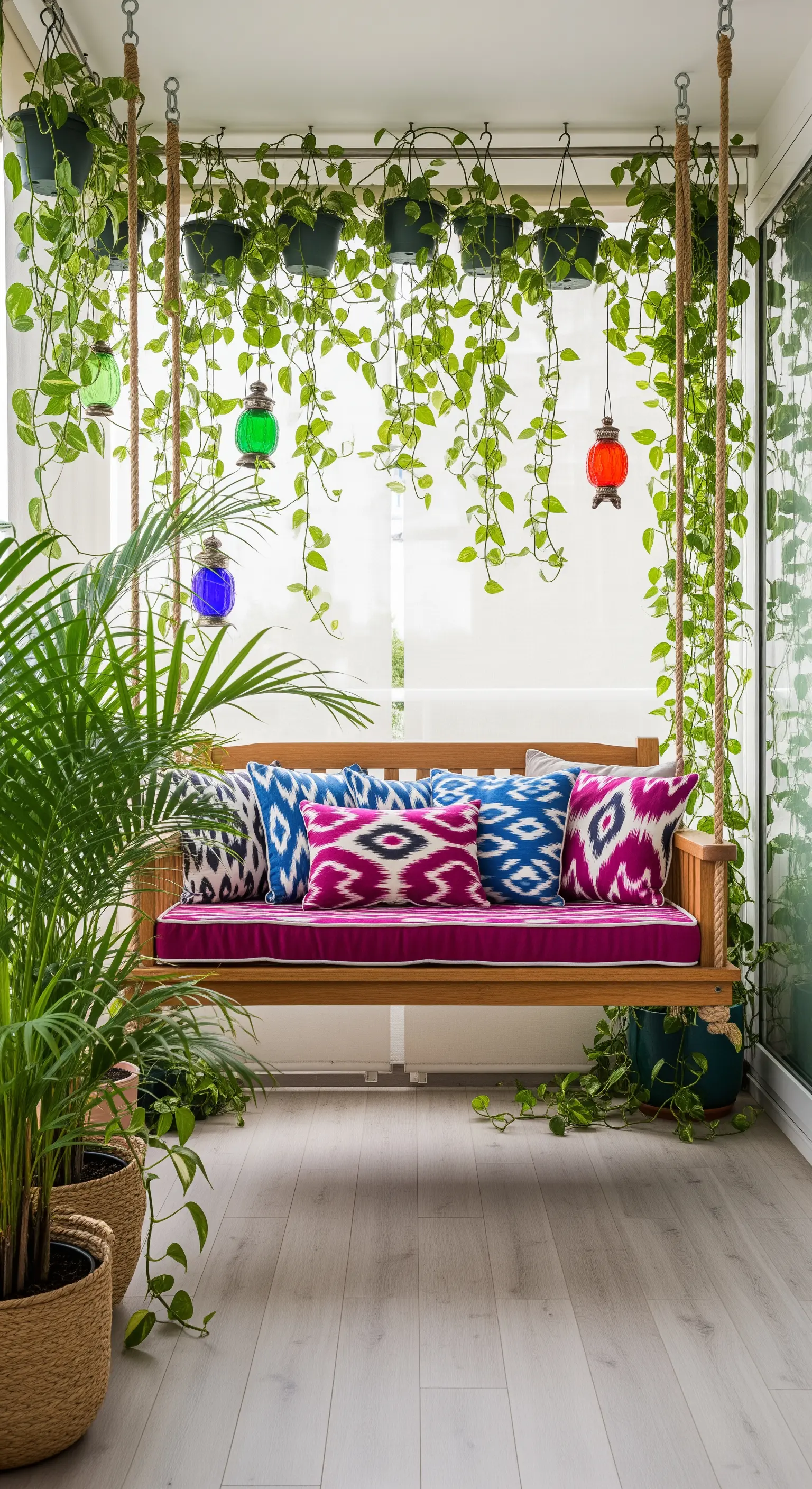 Divano sospeso con cuscini ikat, sotto una cascata di piante pensili e piccole lanterne.