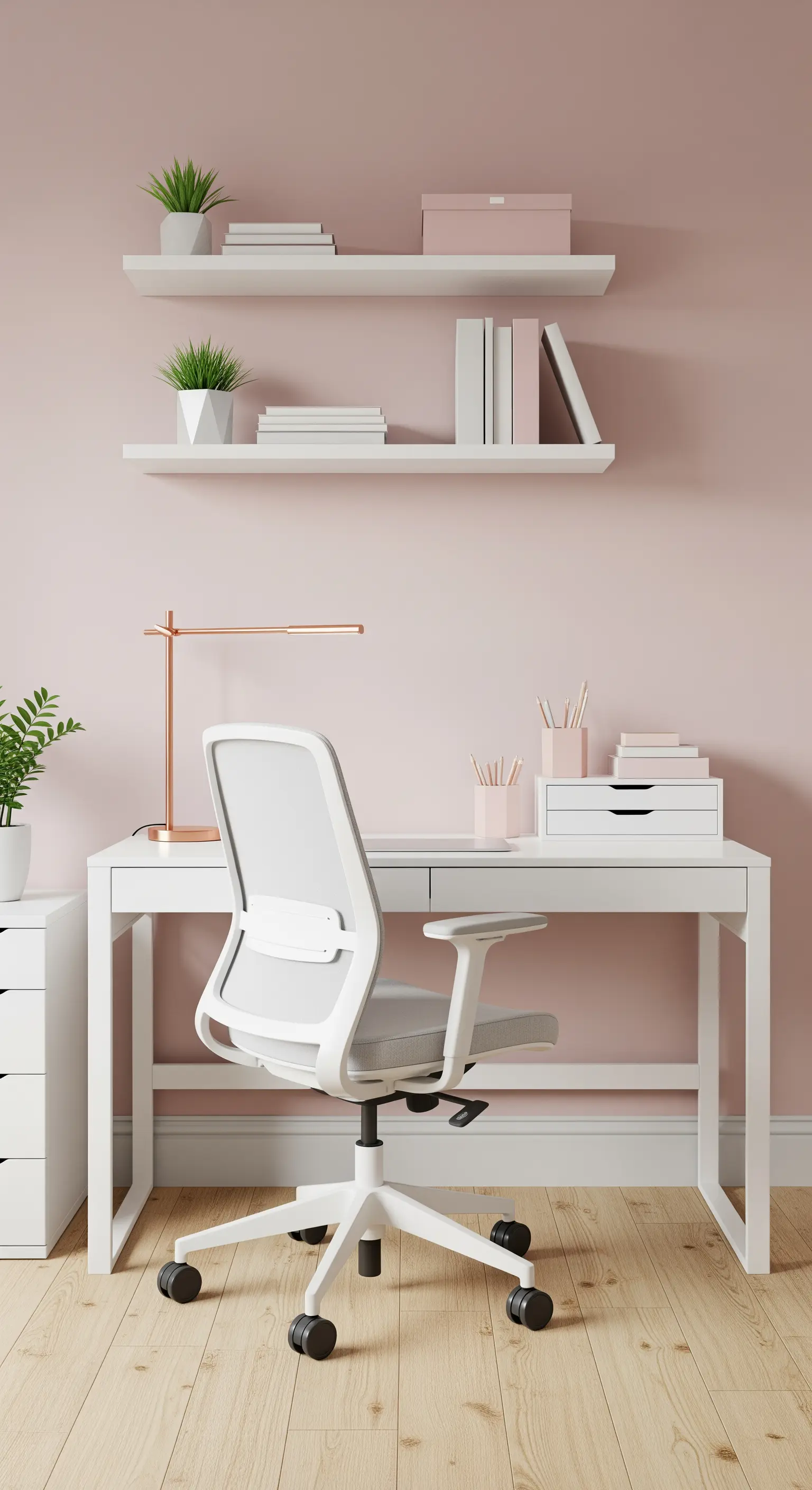 Home office con parete rosa, scrivania e sedia bianche, e mensole con accessori coordinati.