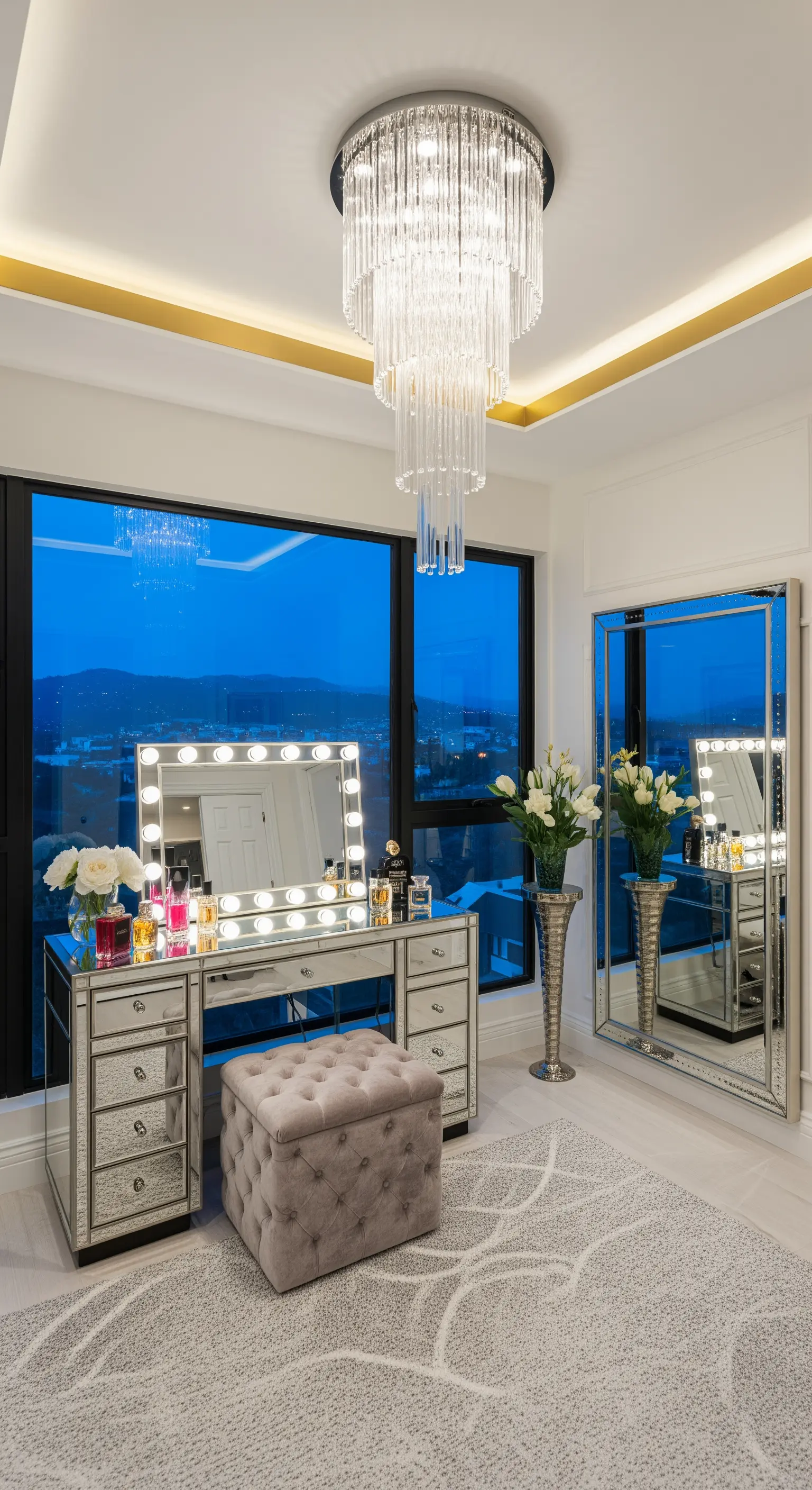 Angolo trucco con postazione a specchio, pouf in velluto e lampadario a cascata di cristalli.