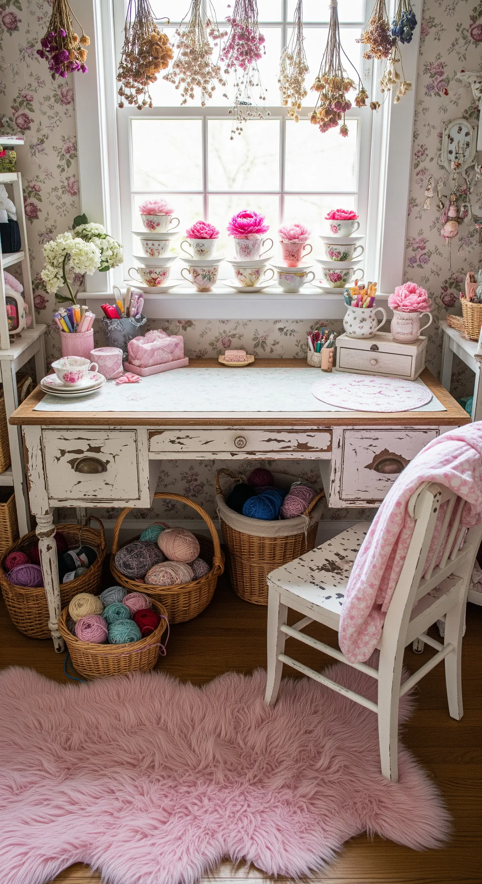 Spazio creativo in stile shabby chic con scrivania bianca decapata e tappeto rosa a pelo lungo.