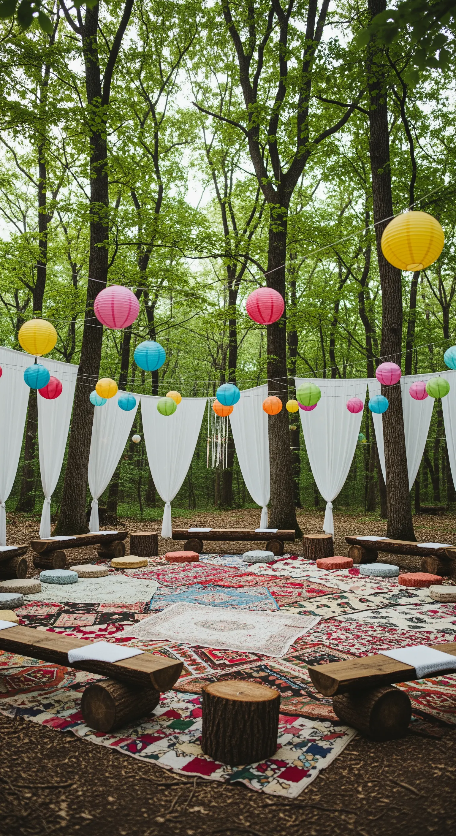 Allestimento bohémien in un bosco con tappeti patchwork, panche in legno e lanterne di carta