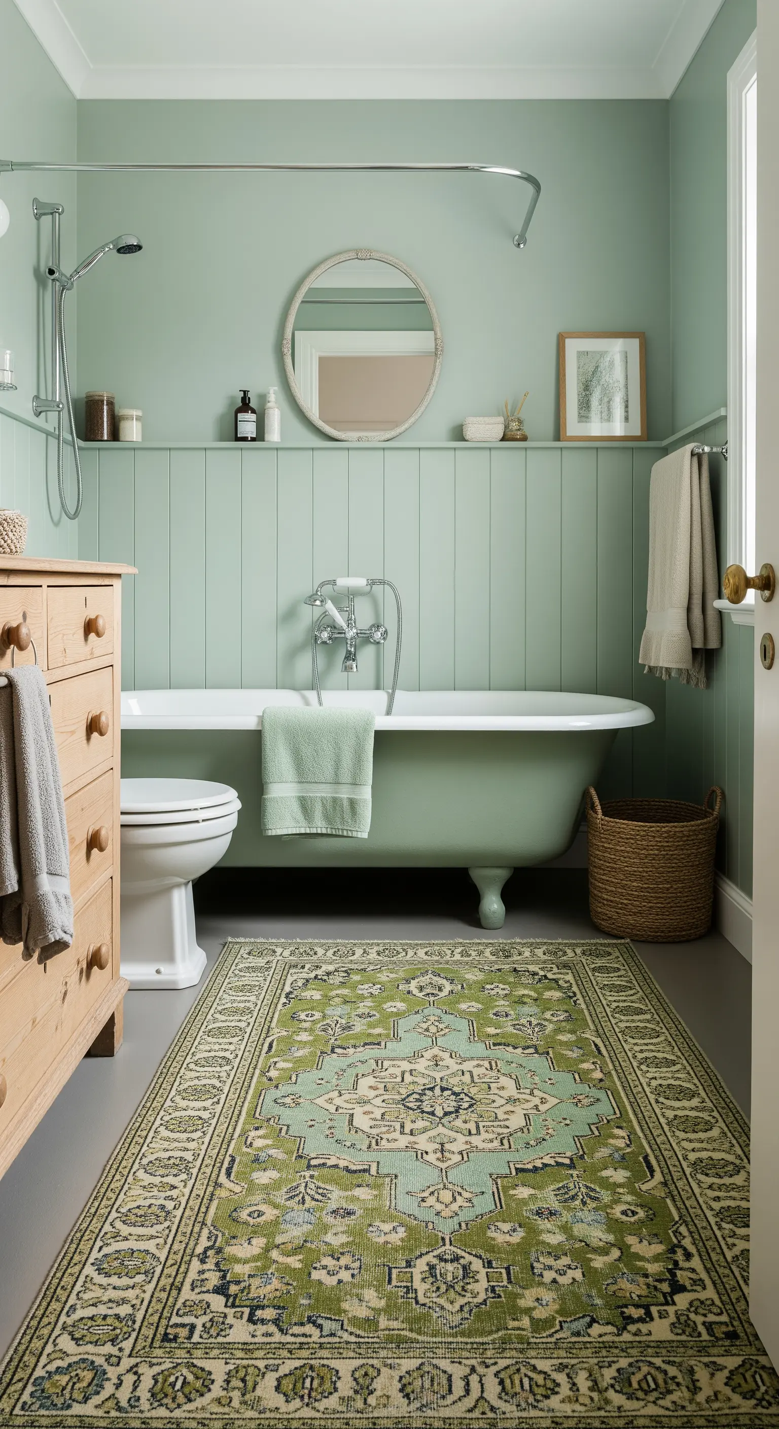 Bagno monocromatico verde salvia con boiserie e cassettiera in legno chiaro.