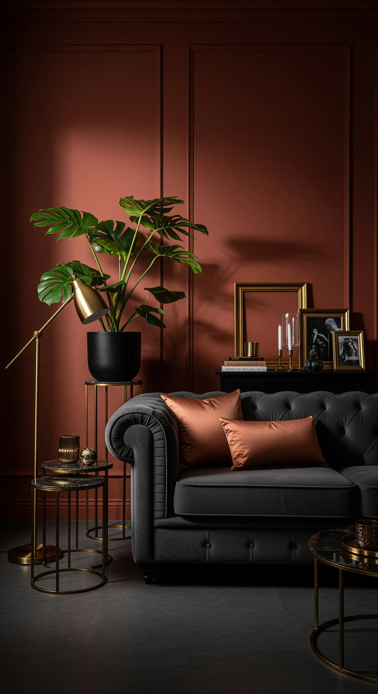 Soggiorno scuro con pareti terracotta, divano Chesterfield grigio e accenti in ottone