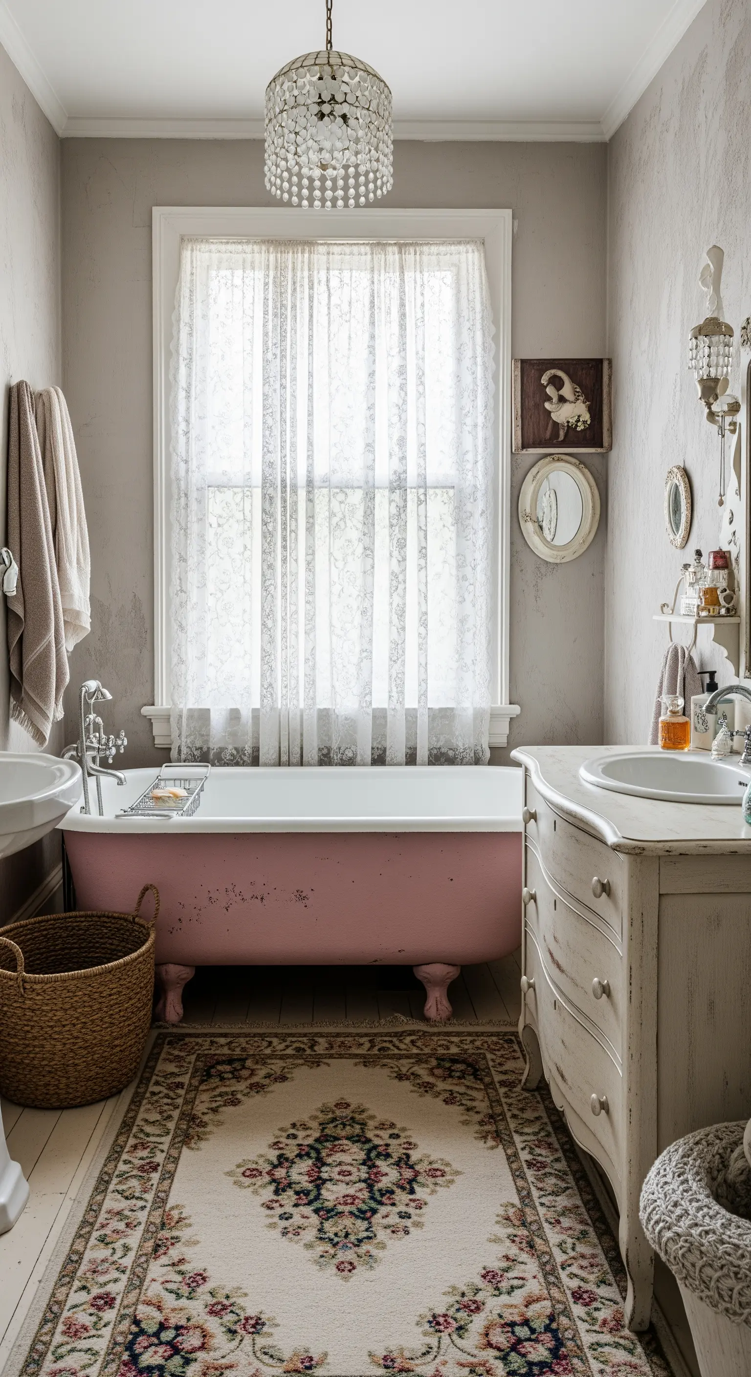Bagno shabby chic con vasca rosa, mobili decapati e tende in pizzo.
