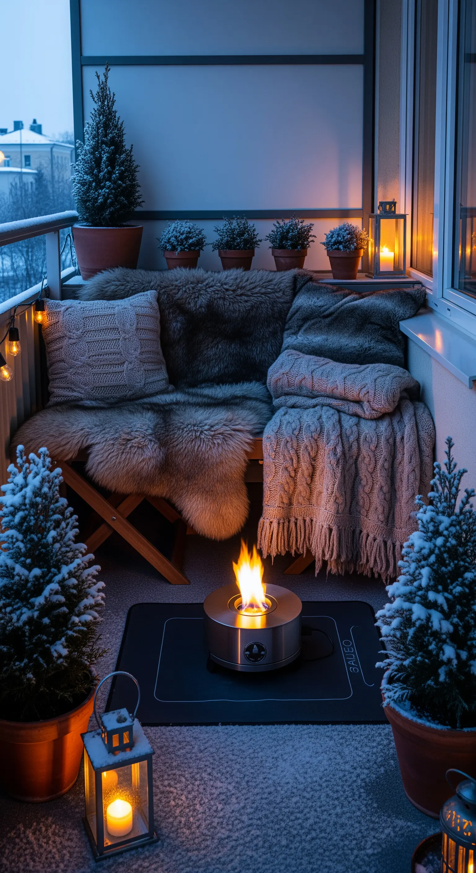 Balcone invernale con braciere portatile, pellicce sintetiche e coperte calde.