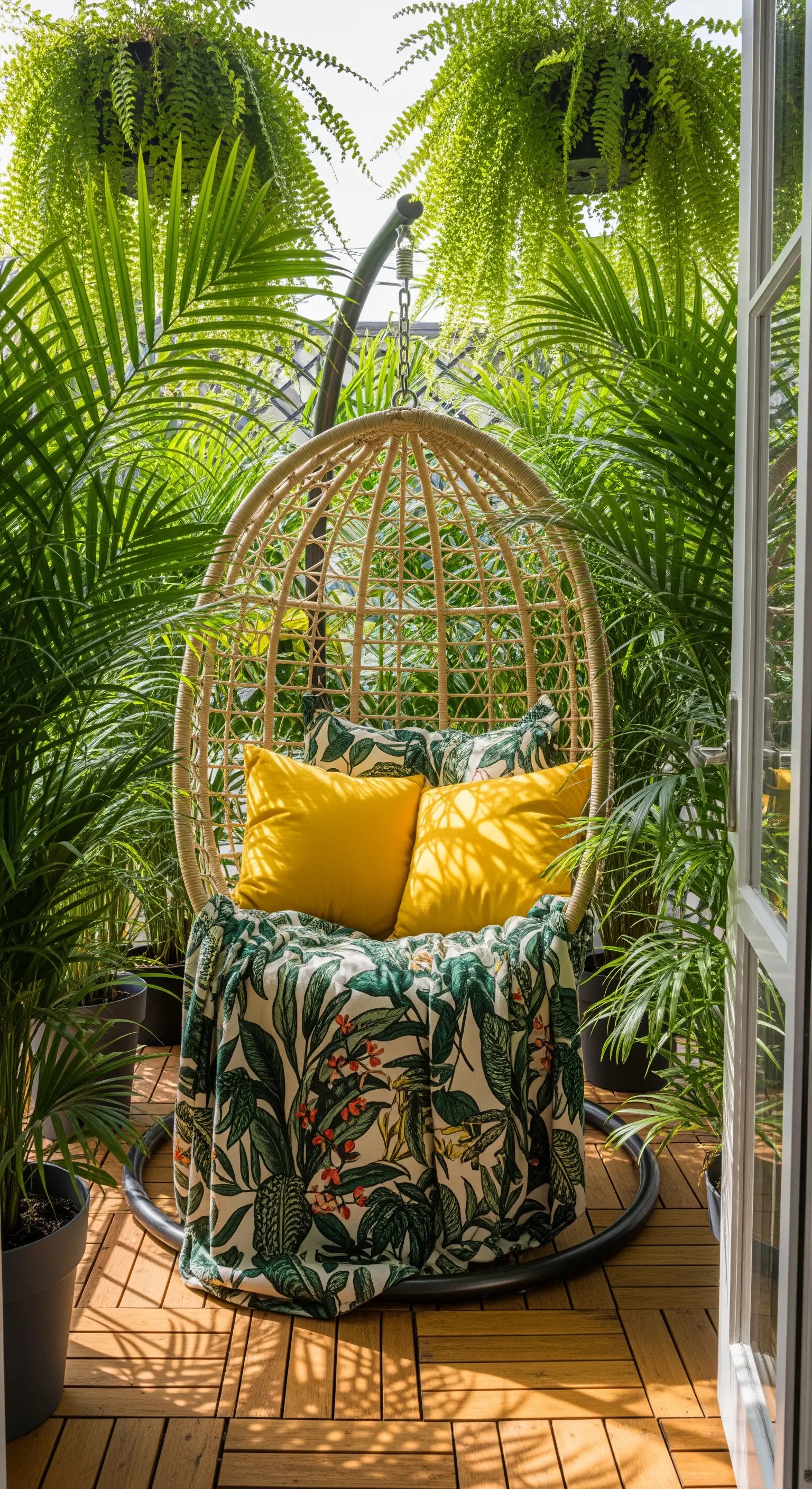Poltrona sospesa in rattan con cuscini gialli, circondata da felci e palme lussureggianti.