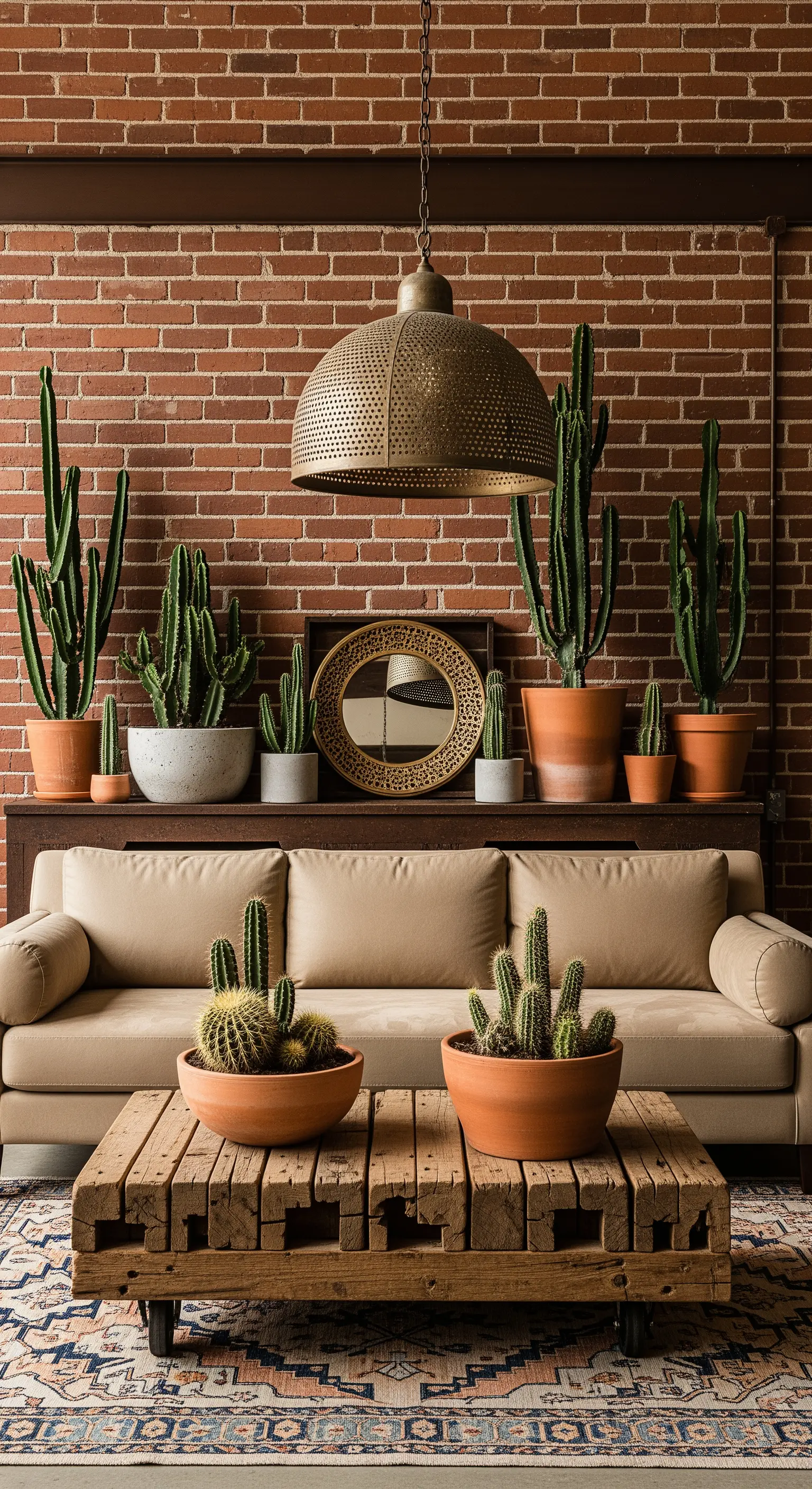 Salotto industriale con parete di mattoni e una vasta collezione di cactus in vasi di terracotta.