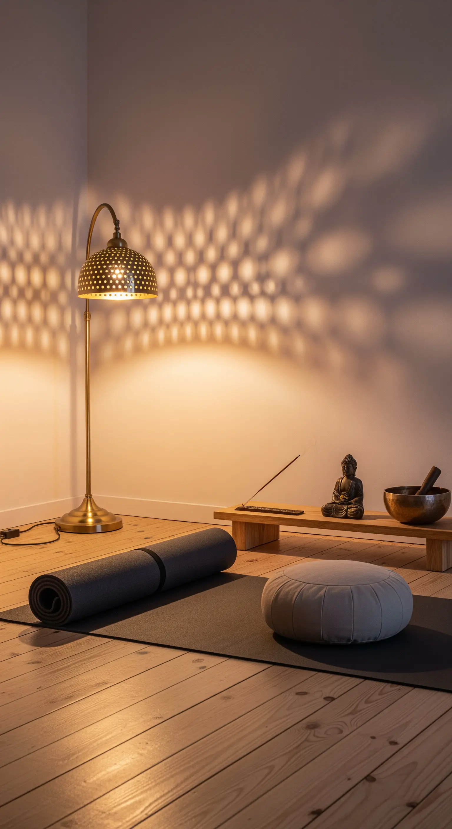Angolo meditazione con lampada in ottone traforato che proietta un pattern di luce sulla parete.