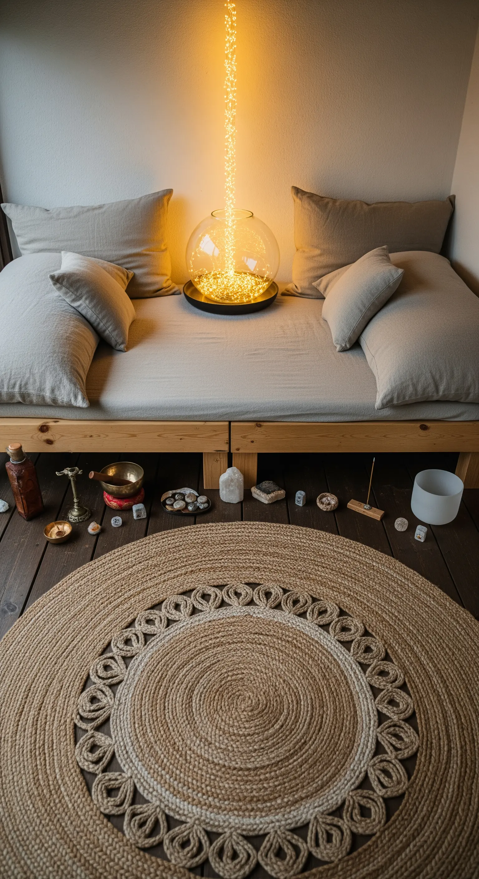Angolo meditativo con futon basso, tappeto rotondo in juta e una lampada scenografica.