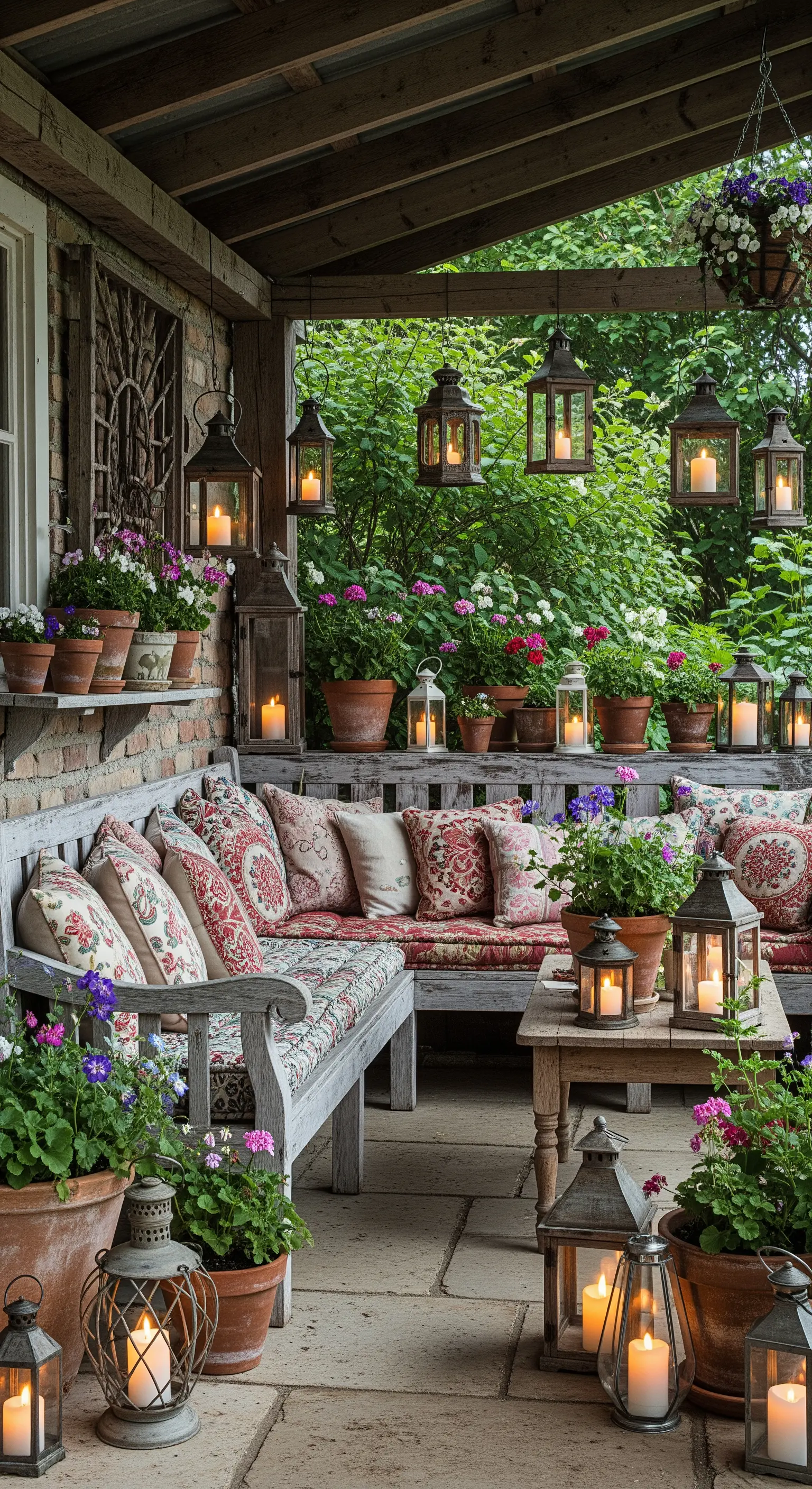 Portico in stile cottage inglese con panche in legno, cuscini a motivi floreali e tante lanterne